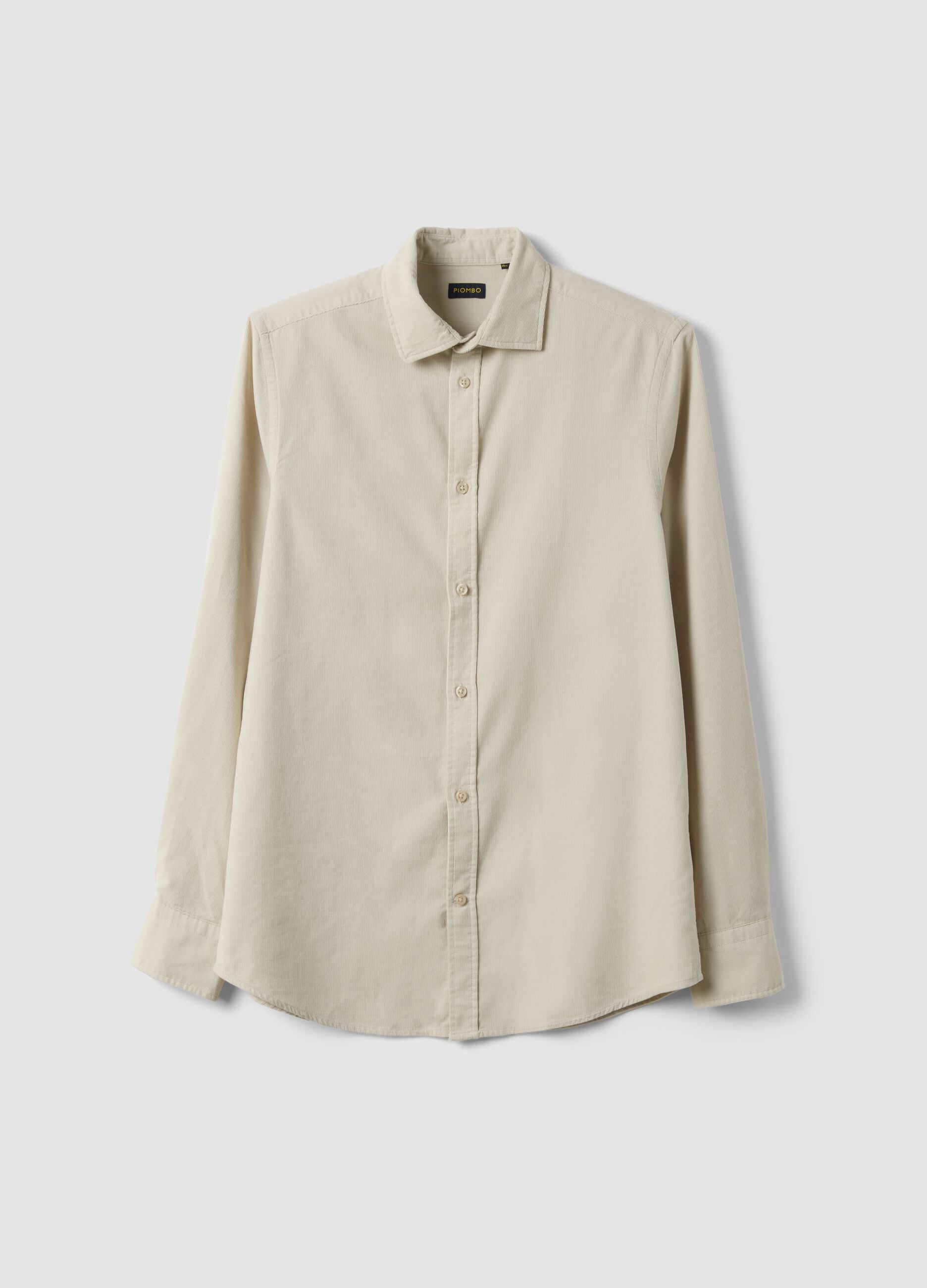 Beige ribbed pure cotton shirt with classic collar, regular fit