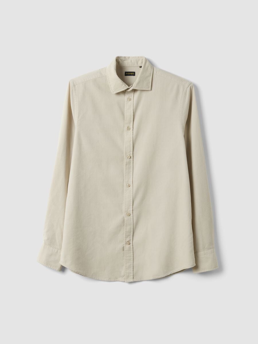 Camicia beige a coste in puro cotone con collo classico regular fit_0