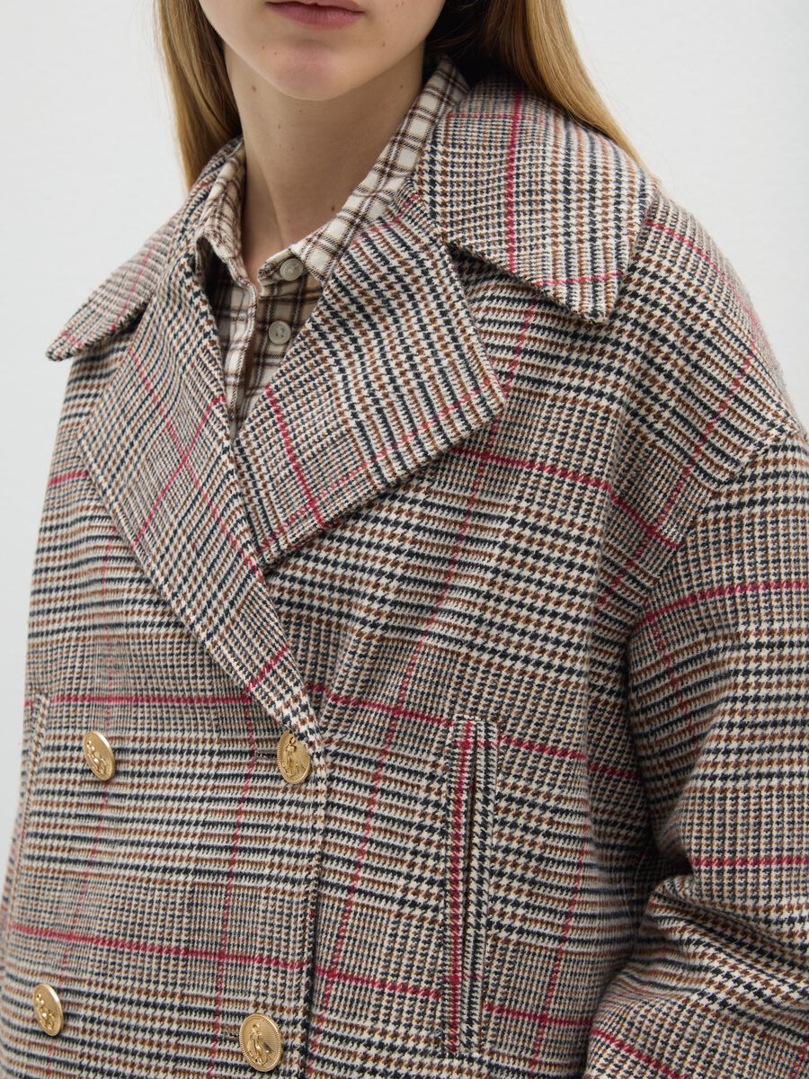 Multicolour Checked Double-Breasted Coat with Oversized Fit_3