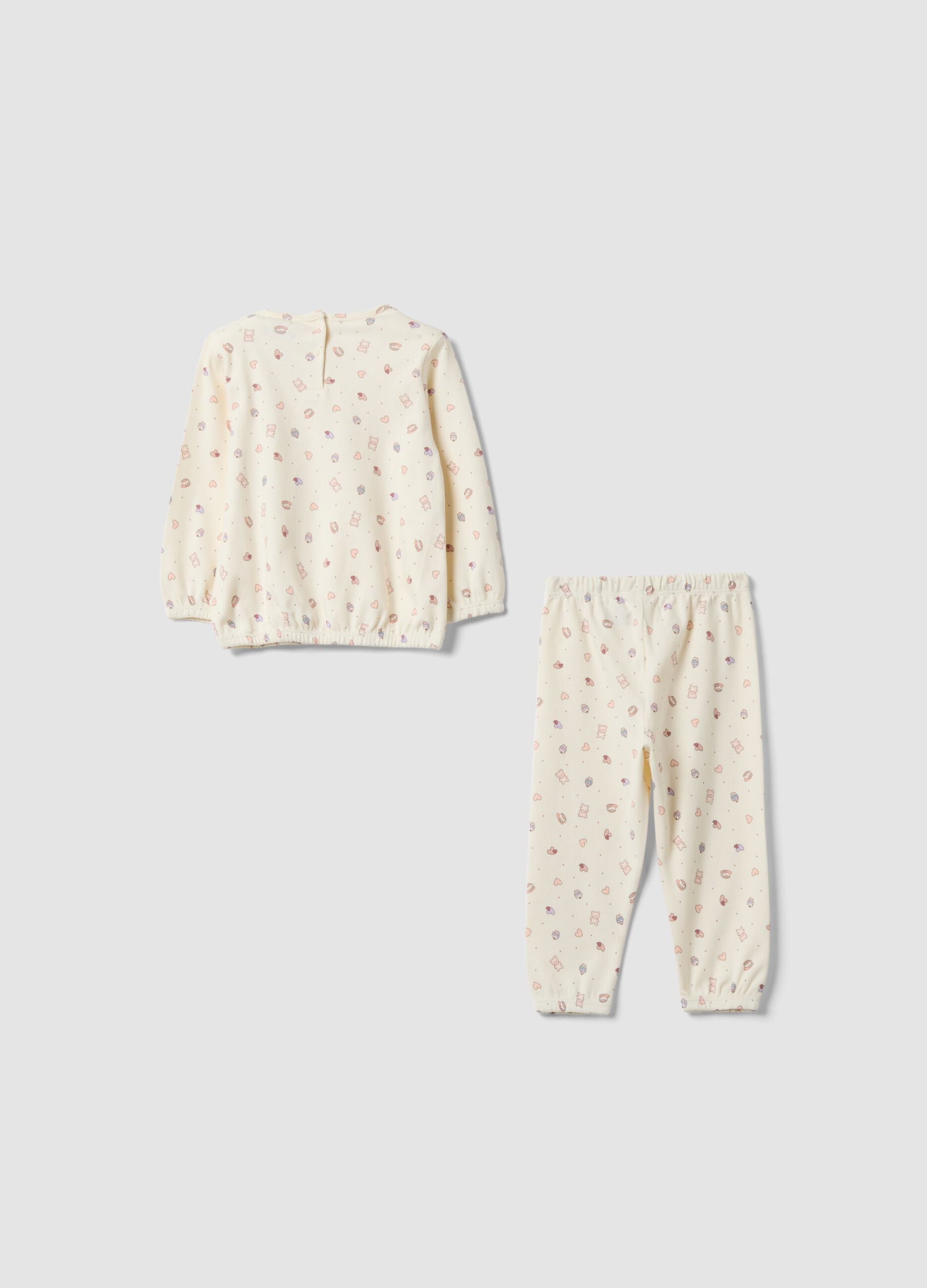 White organic cotton pyjamas with hearts and teddy bear print for baby girl