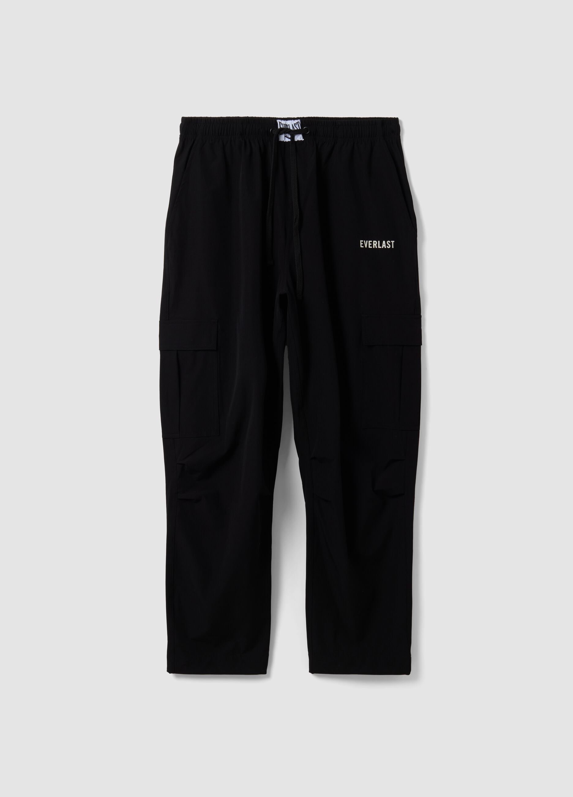 Black sporty cargo trousers with drawstring