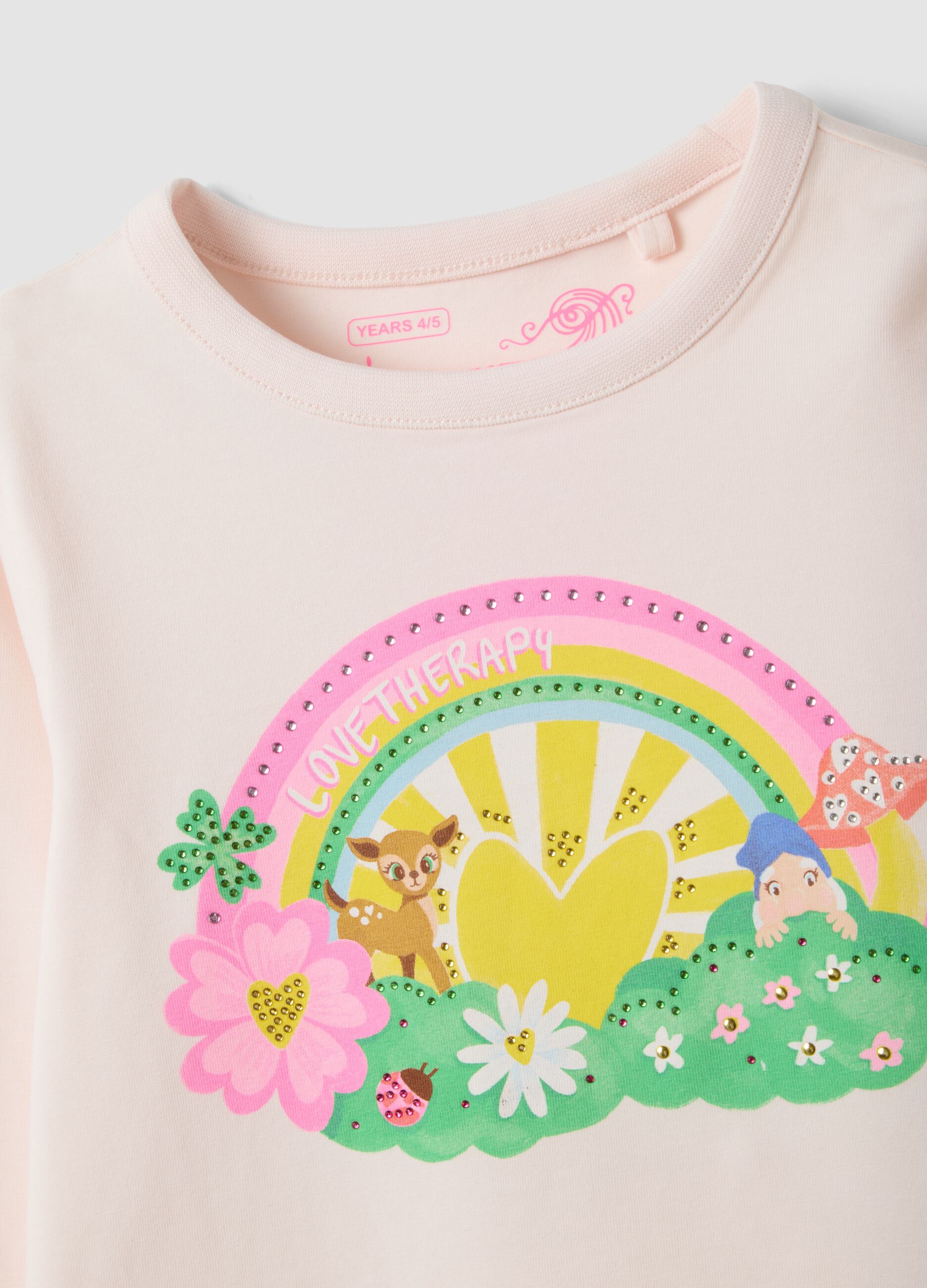 T-shirt rosa in cotone elasticizzato con stampa arcobaleno