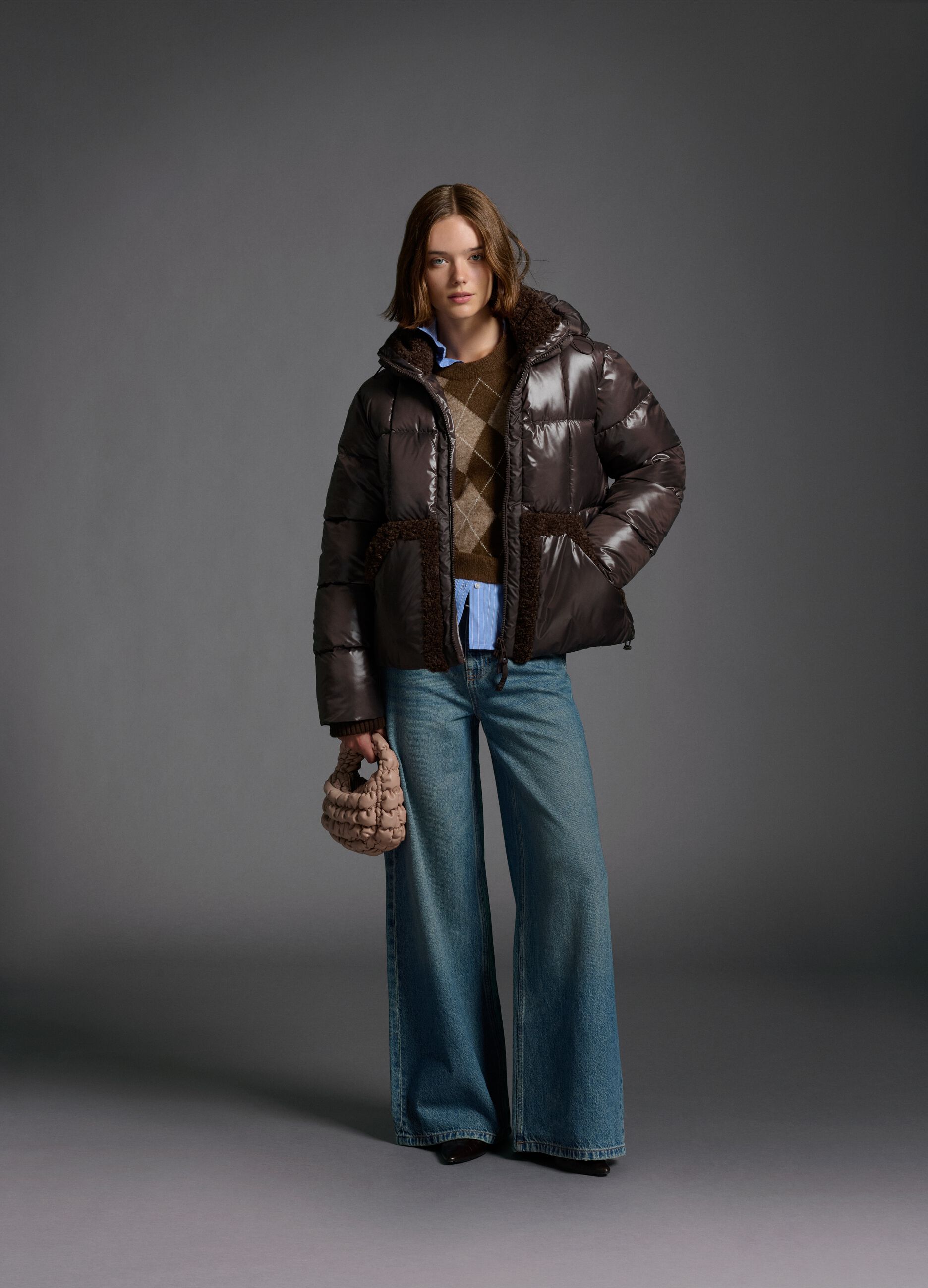 Brown The Iconic Puffer with Hood and Sherpa Details