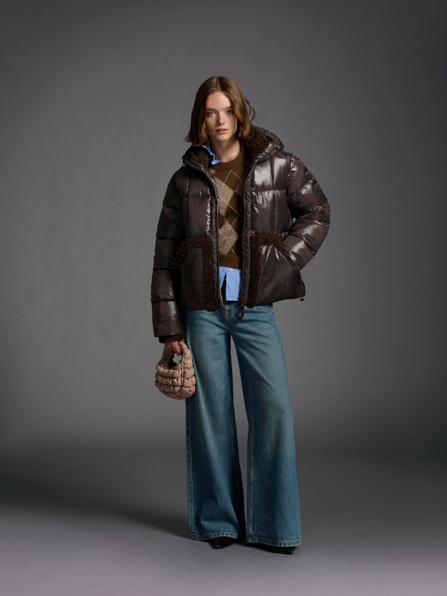 Brown The Iconic Puffer with Hood and Sherpa Details_0