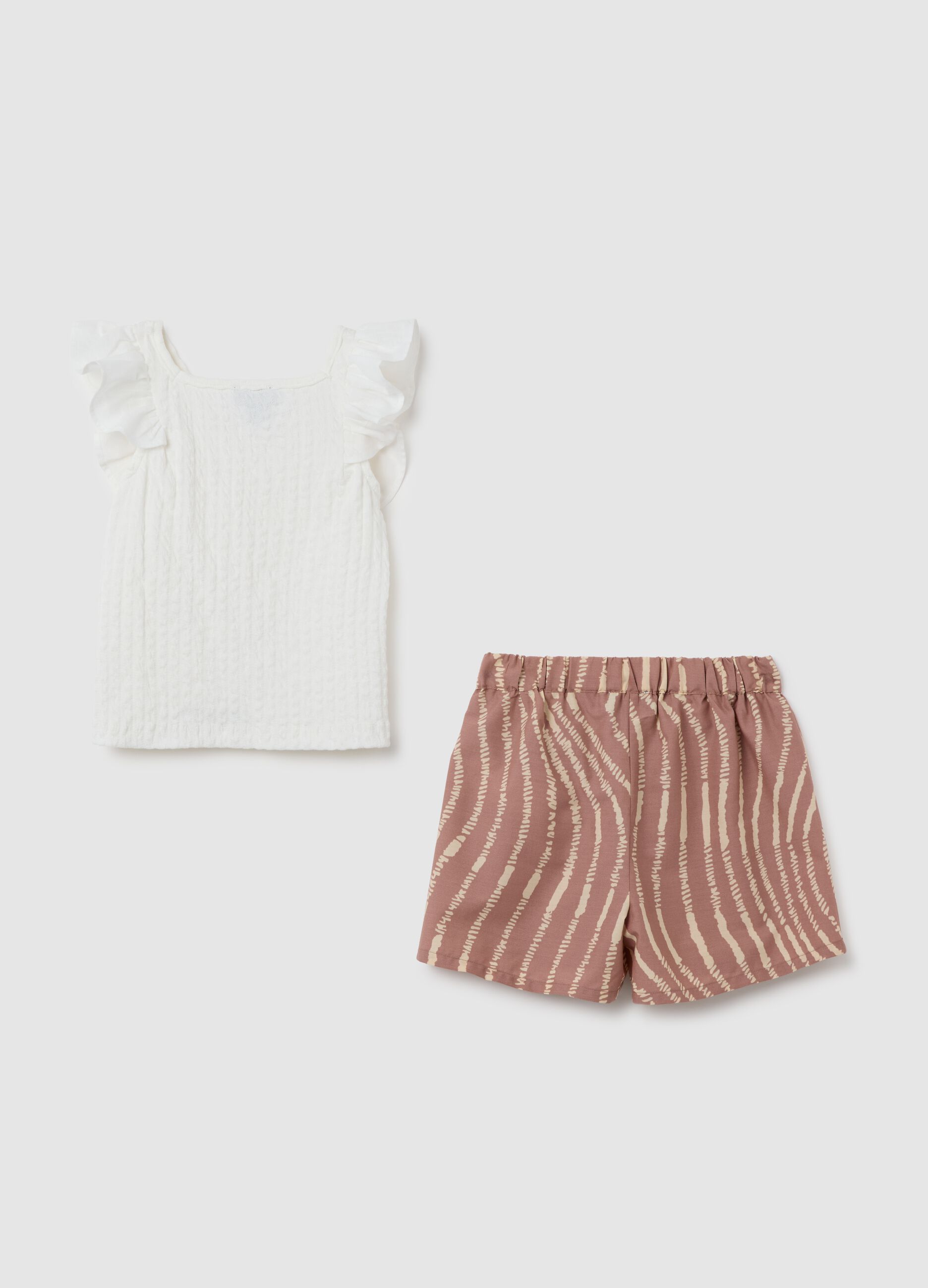 Set da bambina in cotone elasticizzato con top bianco e pantaloncini marroni regular fit