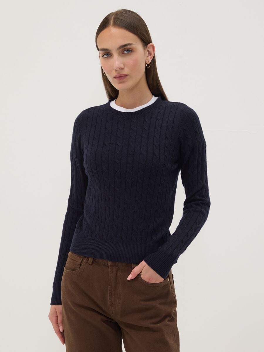 Navy cable-knit crew-neck jumper, regular fit_0
