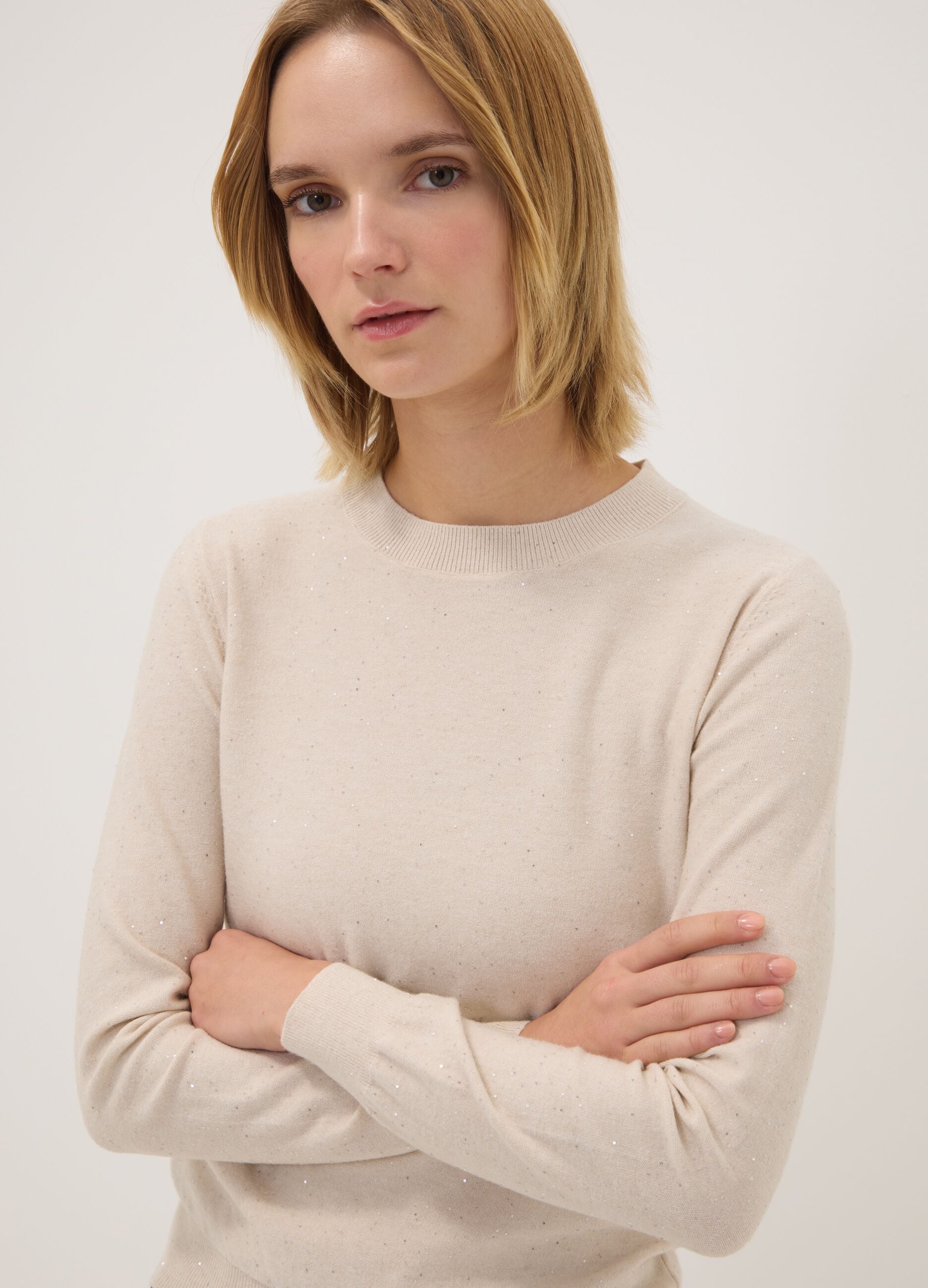 Camel viscose-blend jumper with sequins, regular fit