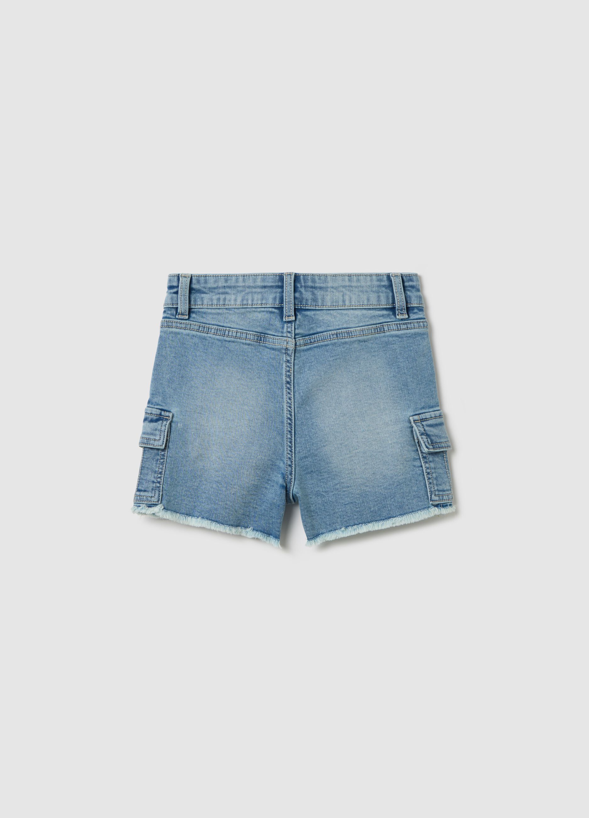 Denim cargo shorts with fringed hem