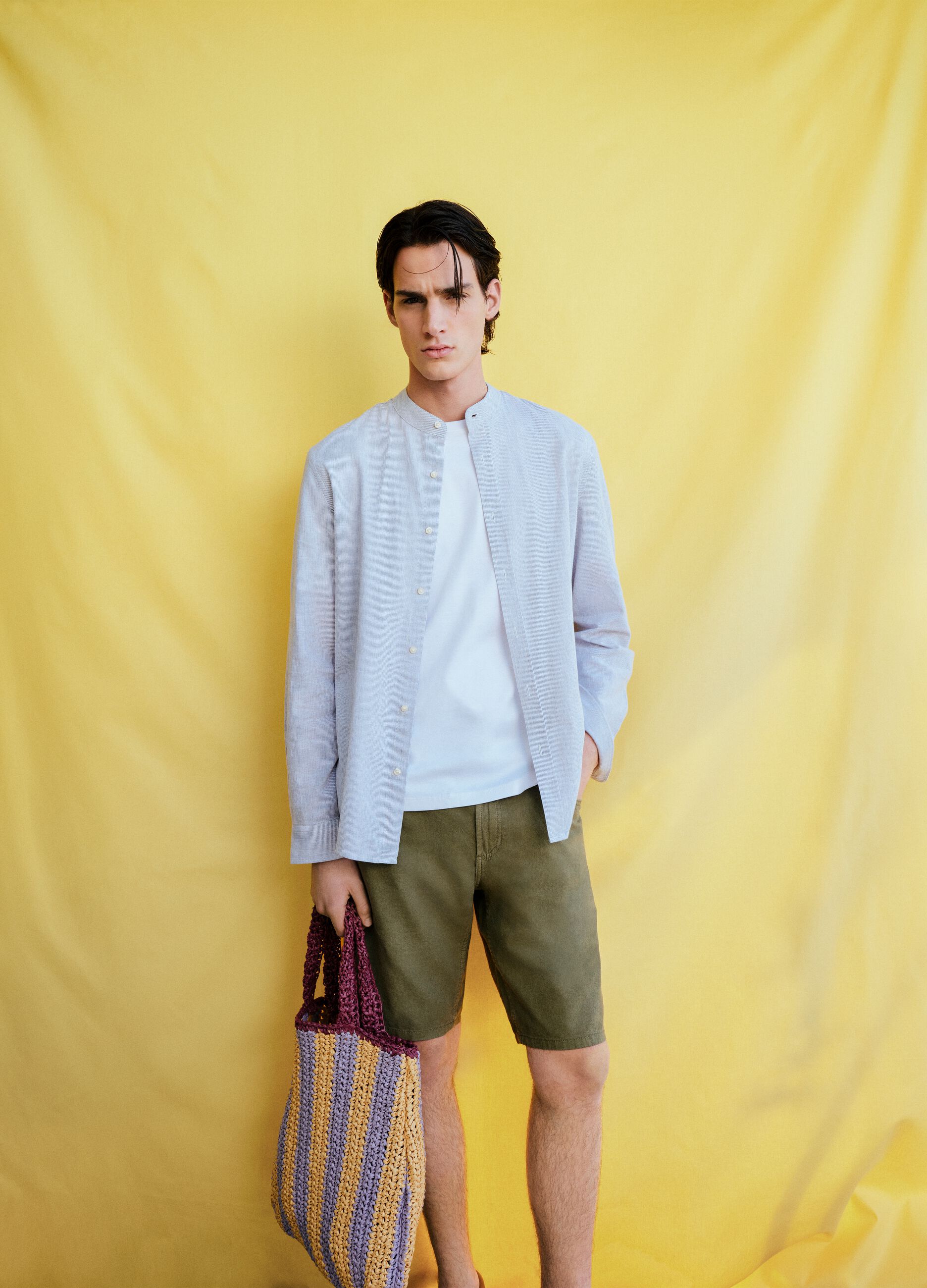 Green linen and cotton-blend five-pocket Bermuda shorts