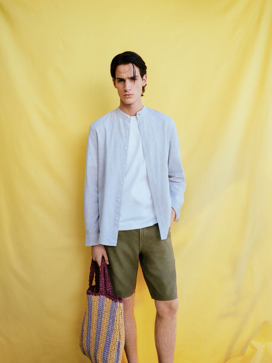 Green linen and cotton-blend five-pocket Bermuda shorts_0