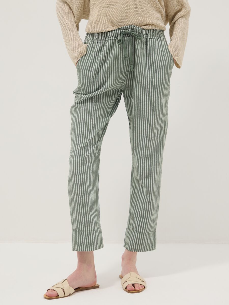 Green pure cotton striped regular-fit trousers_1