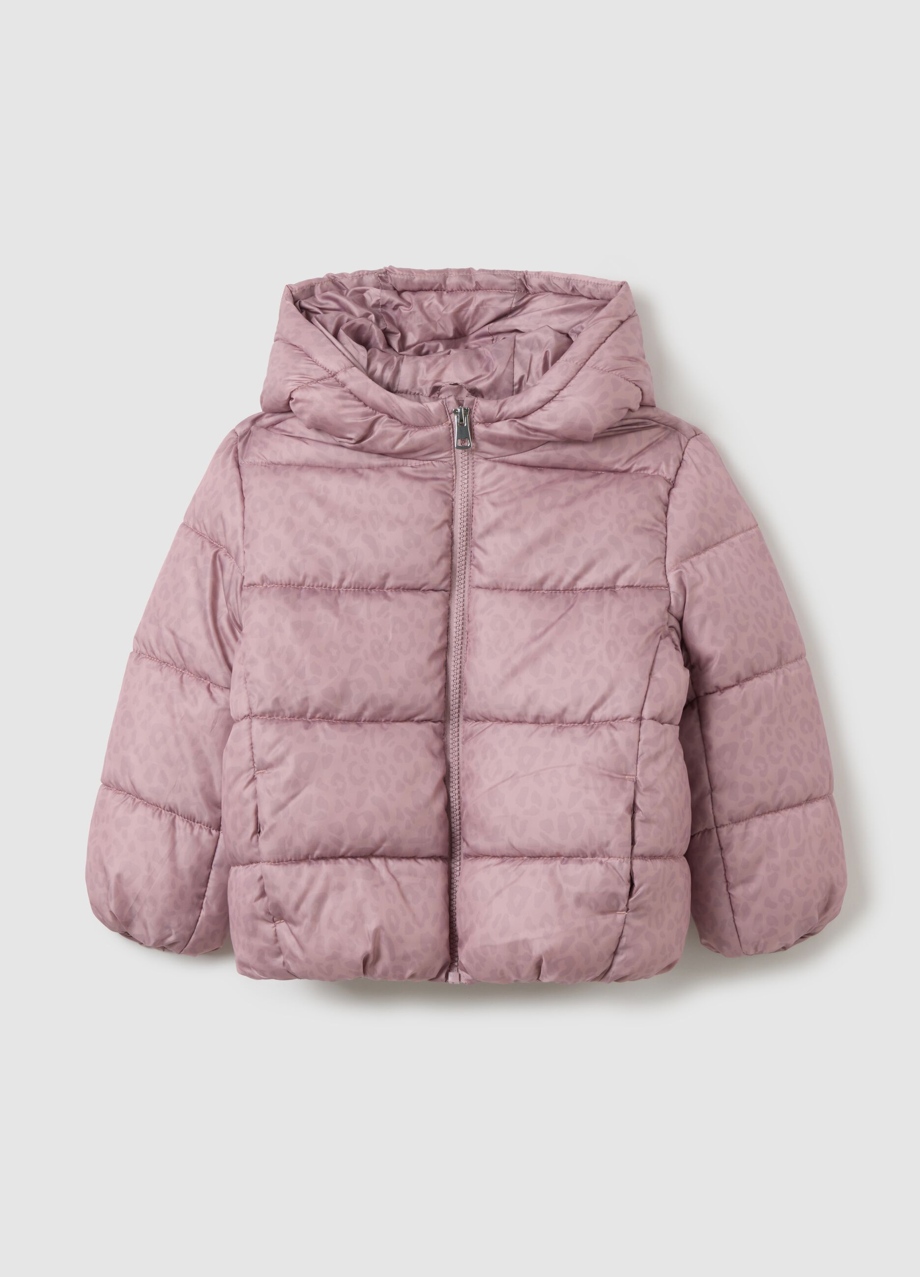 Girls' padded pink jacket in fabric with zip and buttons