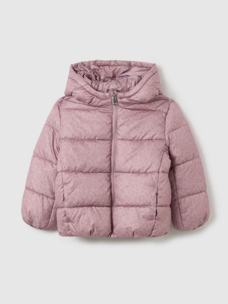 Girls' padded pink jacket in fabric with zip and buttons_0