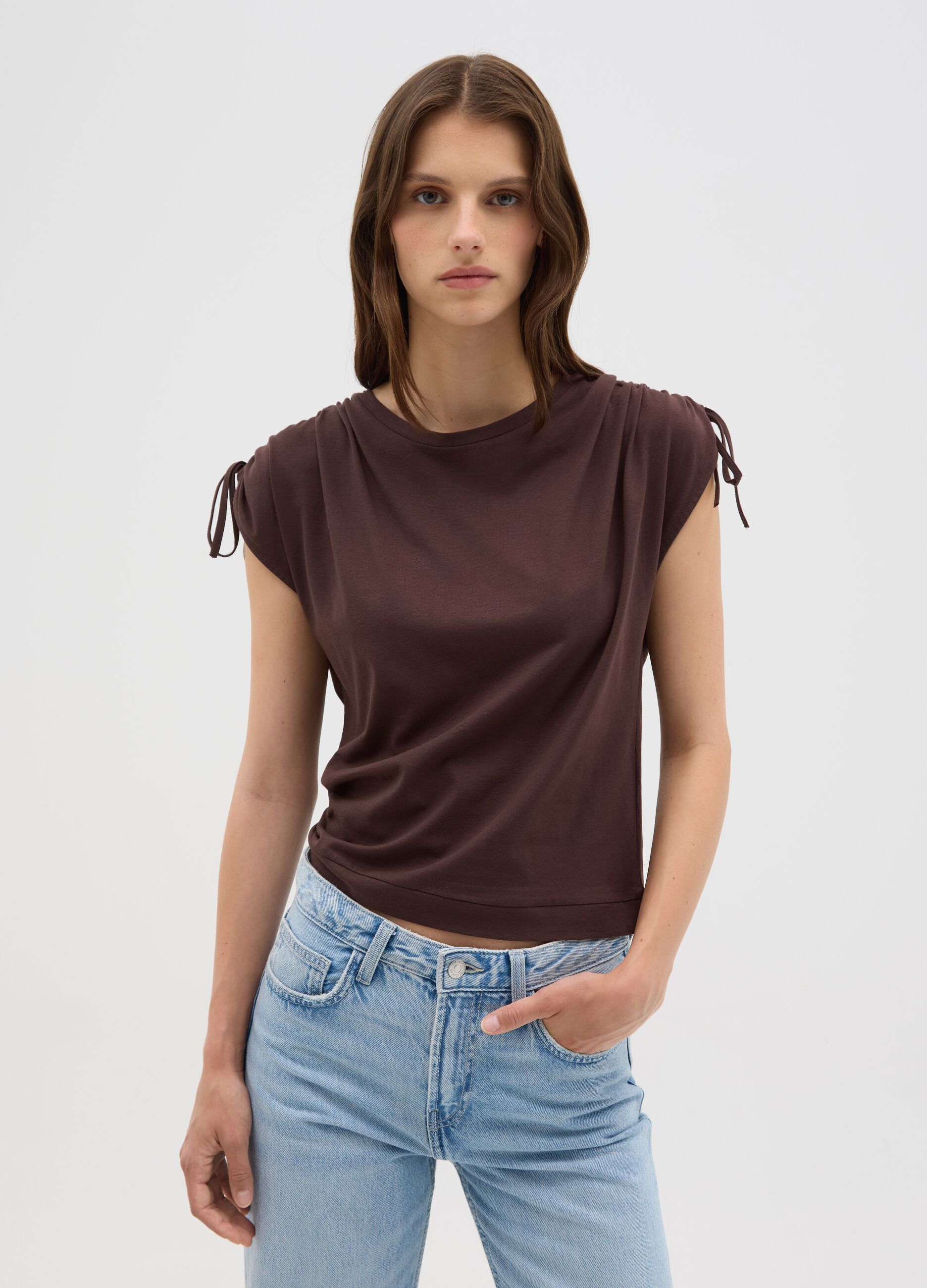 Women's brown pure cotton T-shirt regular fit