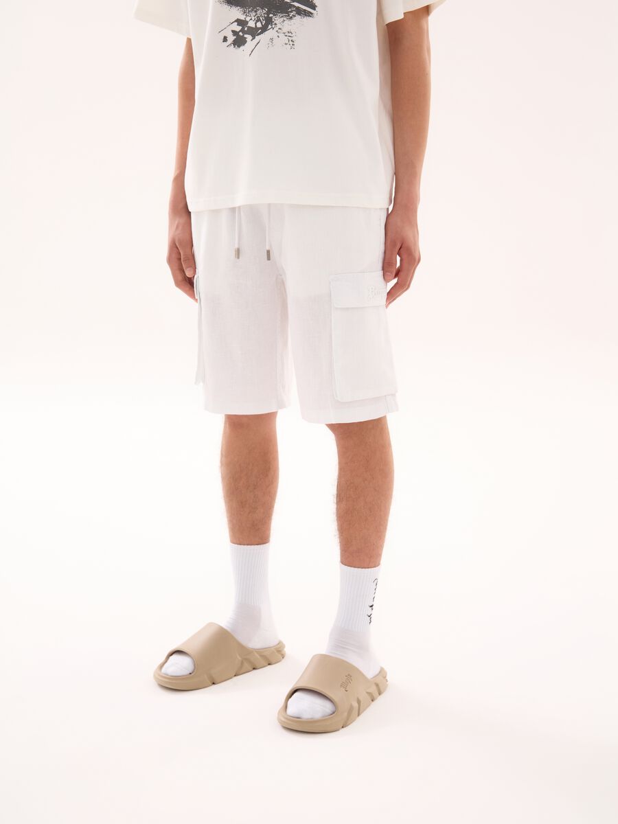 100% Linen Cargo Shorts White_1