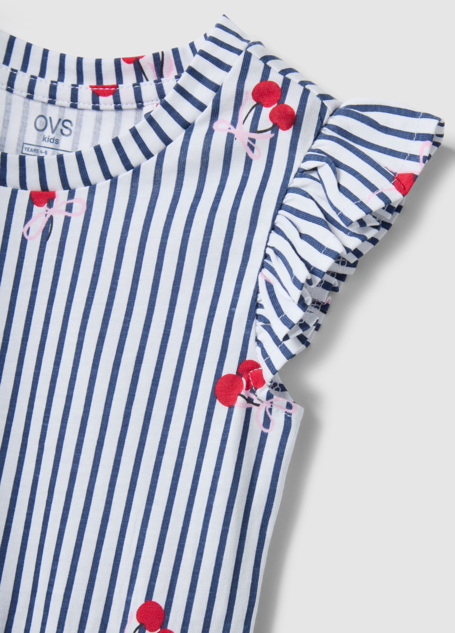 Pure cotton striped blue dress with frills and prints for girls