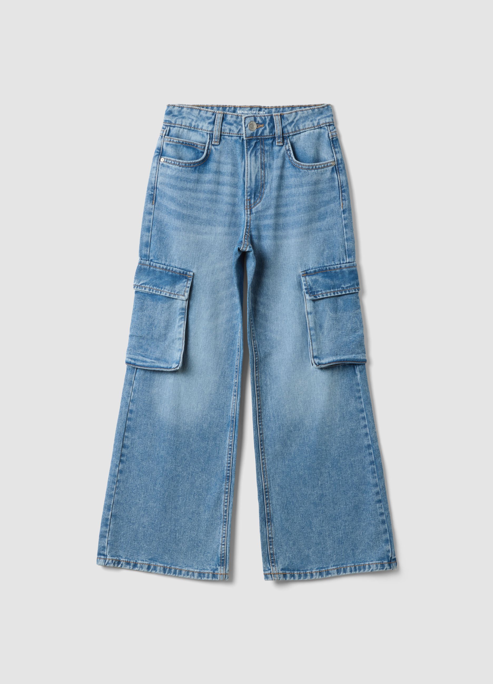 Light blue pure cotton denim cargo jeans, relaxed fit for girls