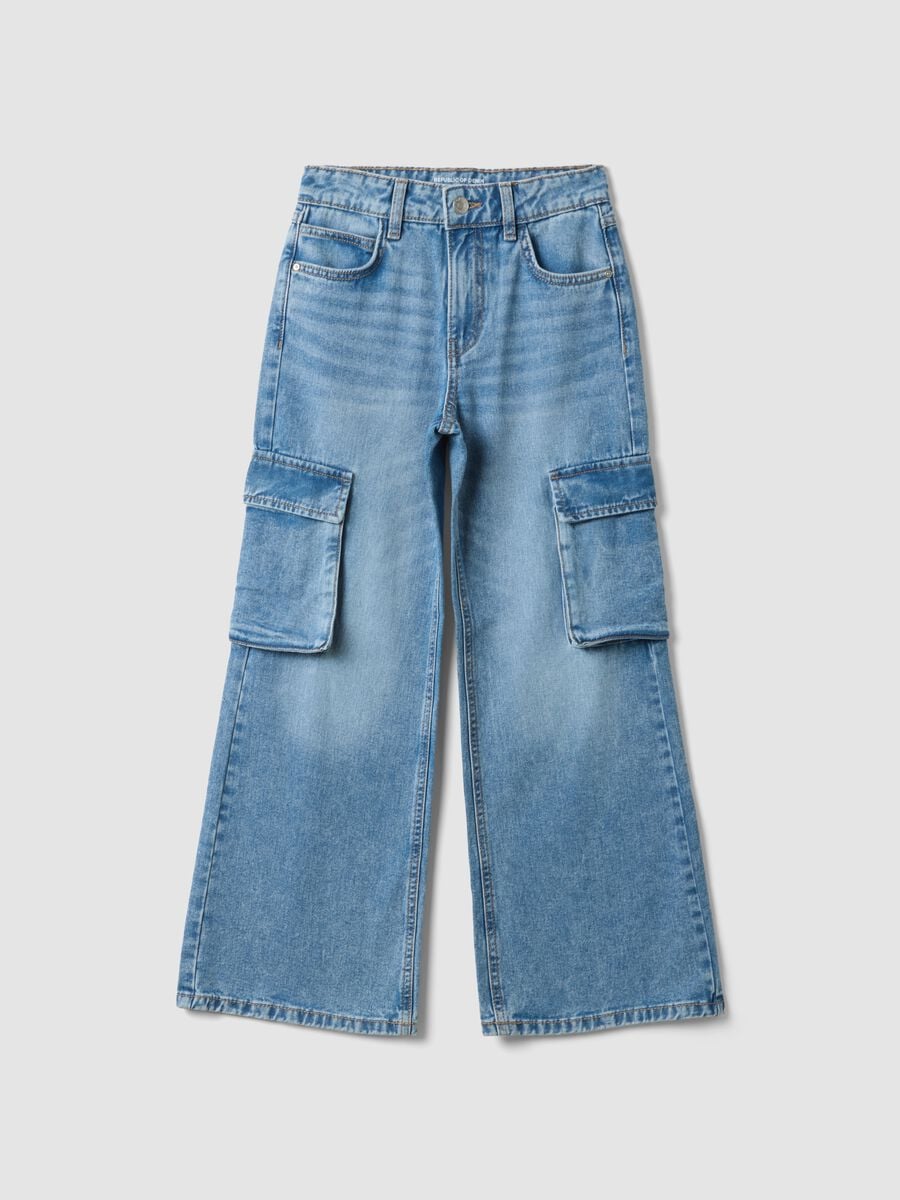 Jeans cargo denim in puro cotone azzurro relaxed fit per ragazza_0