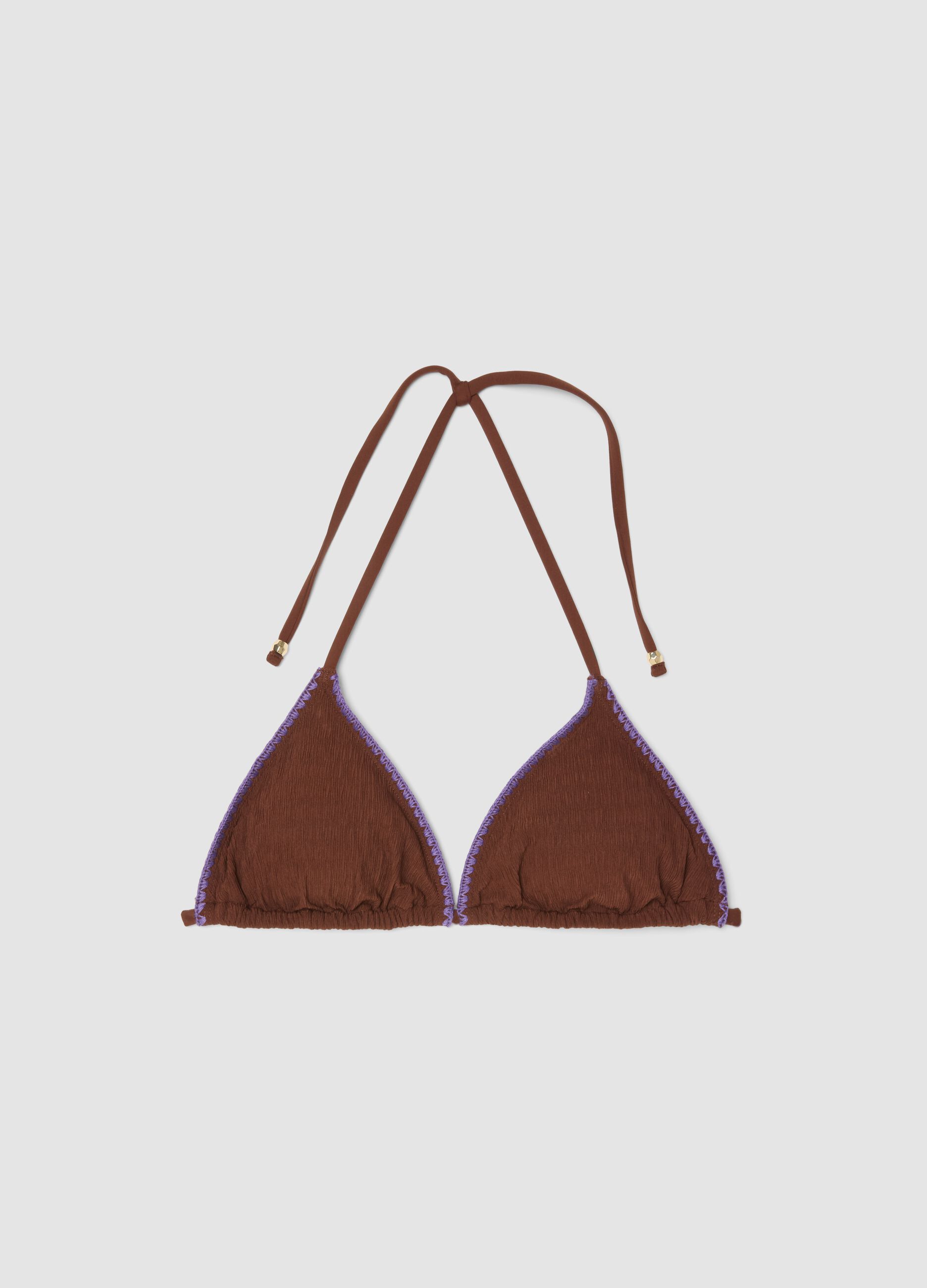 Brown triangle bikini top in stretch fabric with purple trim
