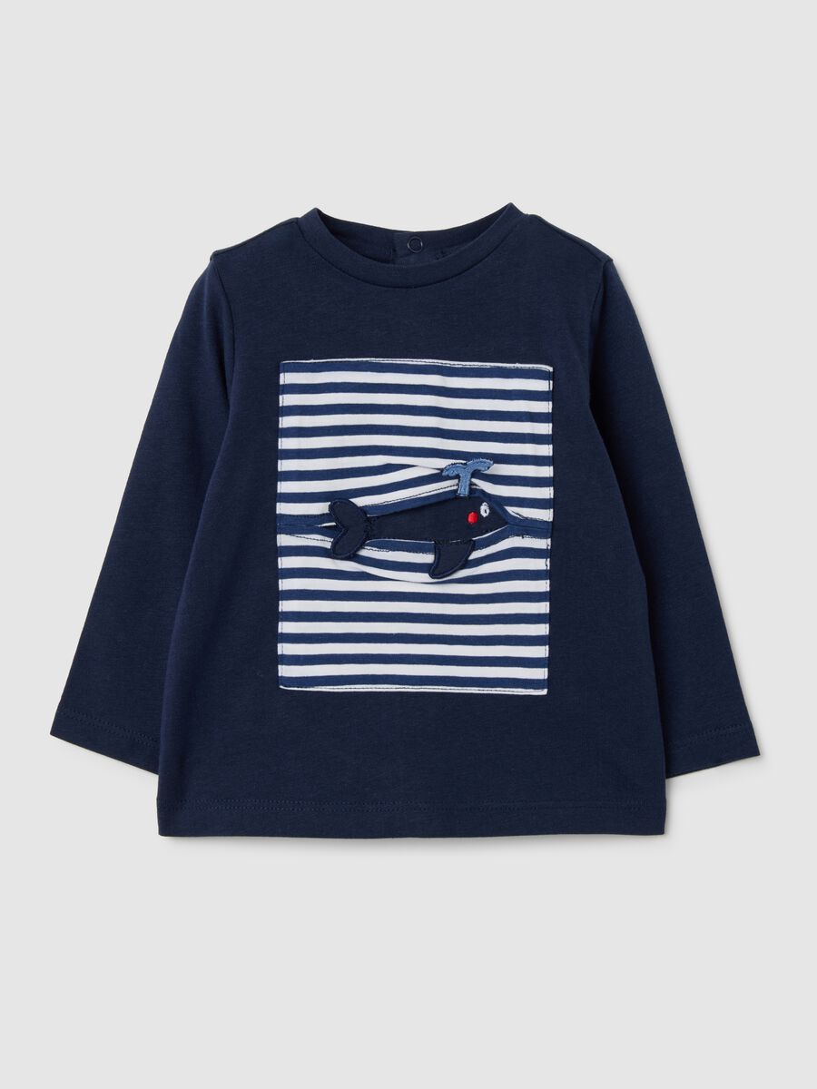 Blue pure cotton regular fit T-shirt with embroidery for newborns_0