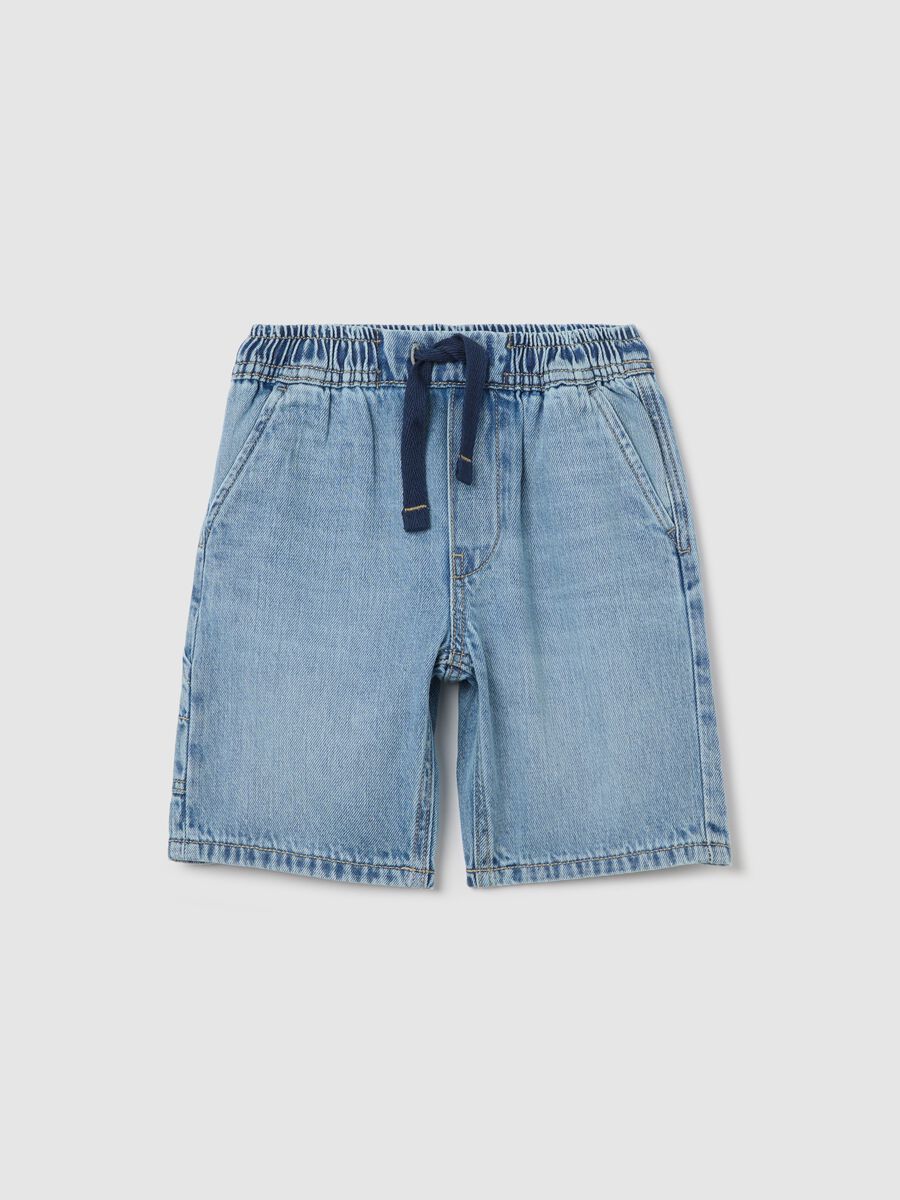 Denim Bermuda joggers with pockets and drawstring_0