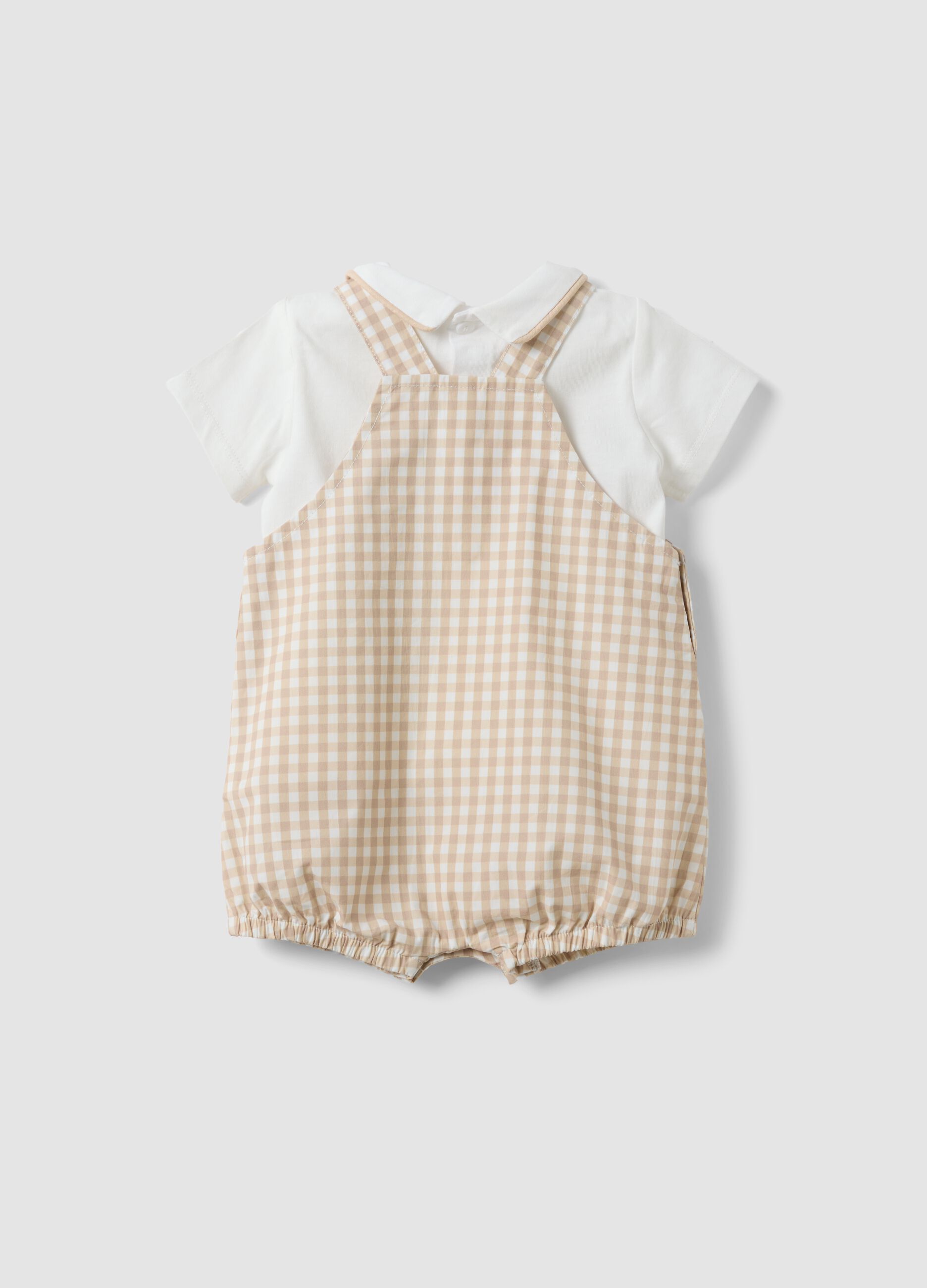 Beige organic cotton set with T-shirt and short dungarees