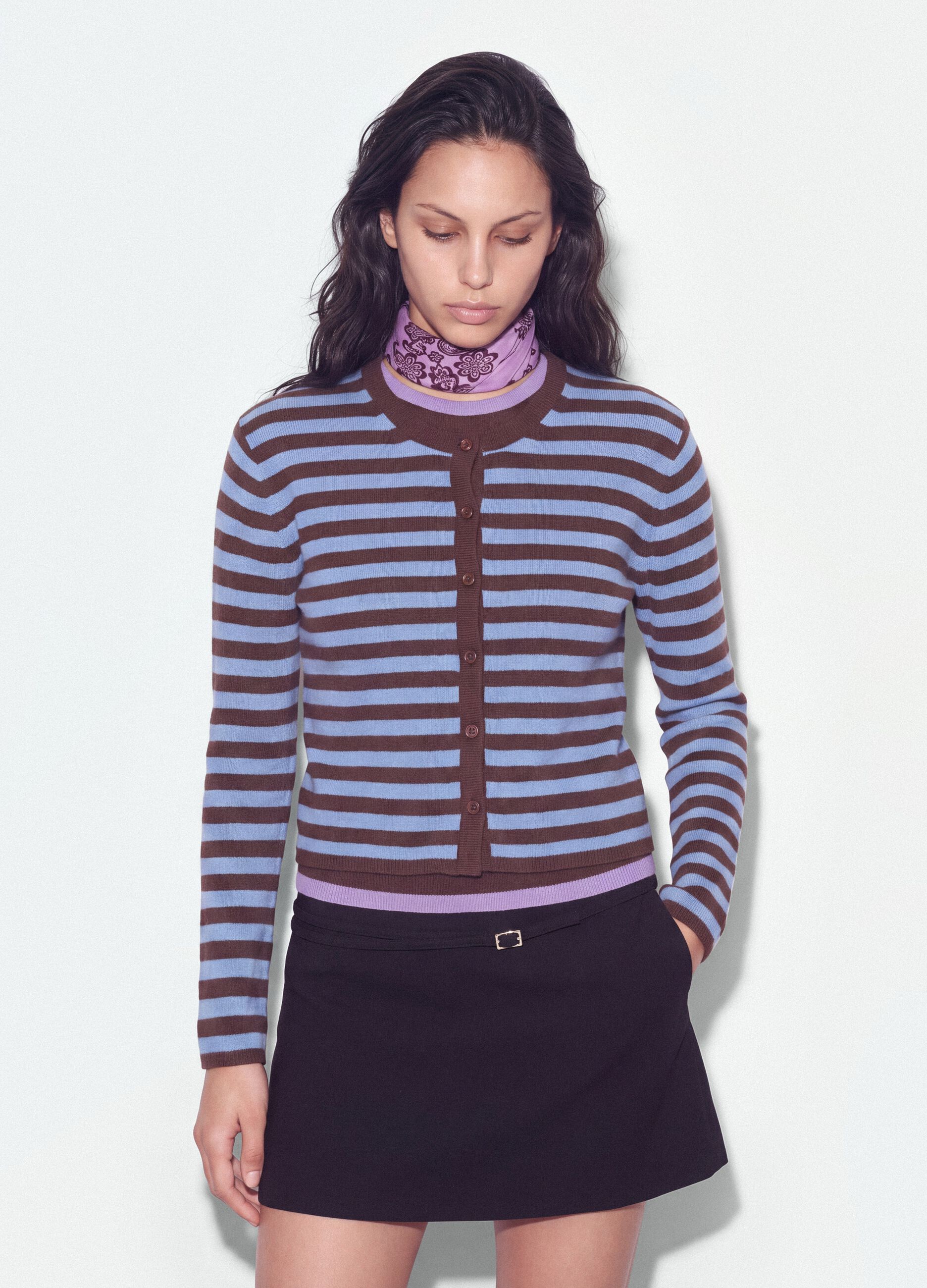 Cardigan azzurro girocollo in misto lyocell e lana a righe over fit