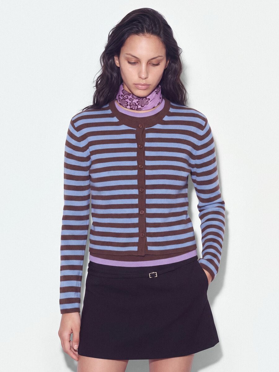 Cardigan azzurro girocollo in misto lyocell e lana a righe over fit_0