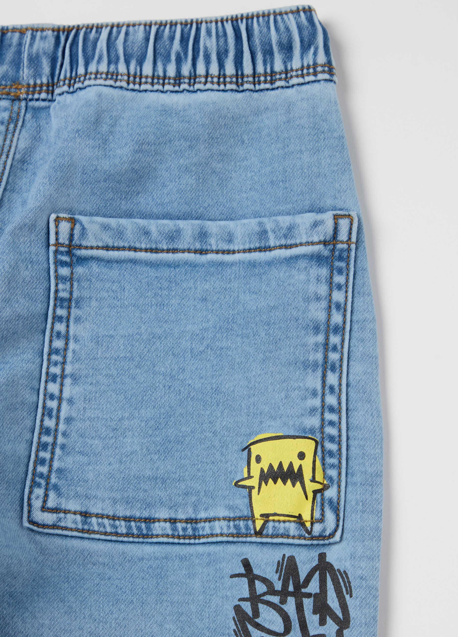 Denim joggers with drawstring and "Skate" print