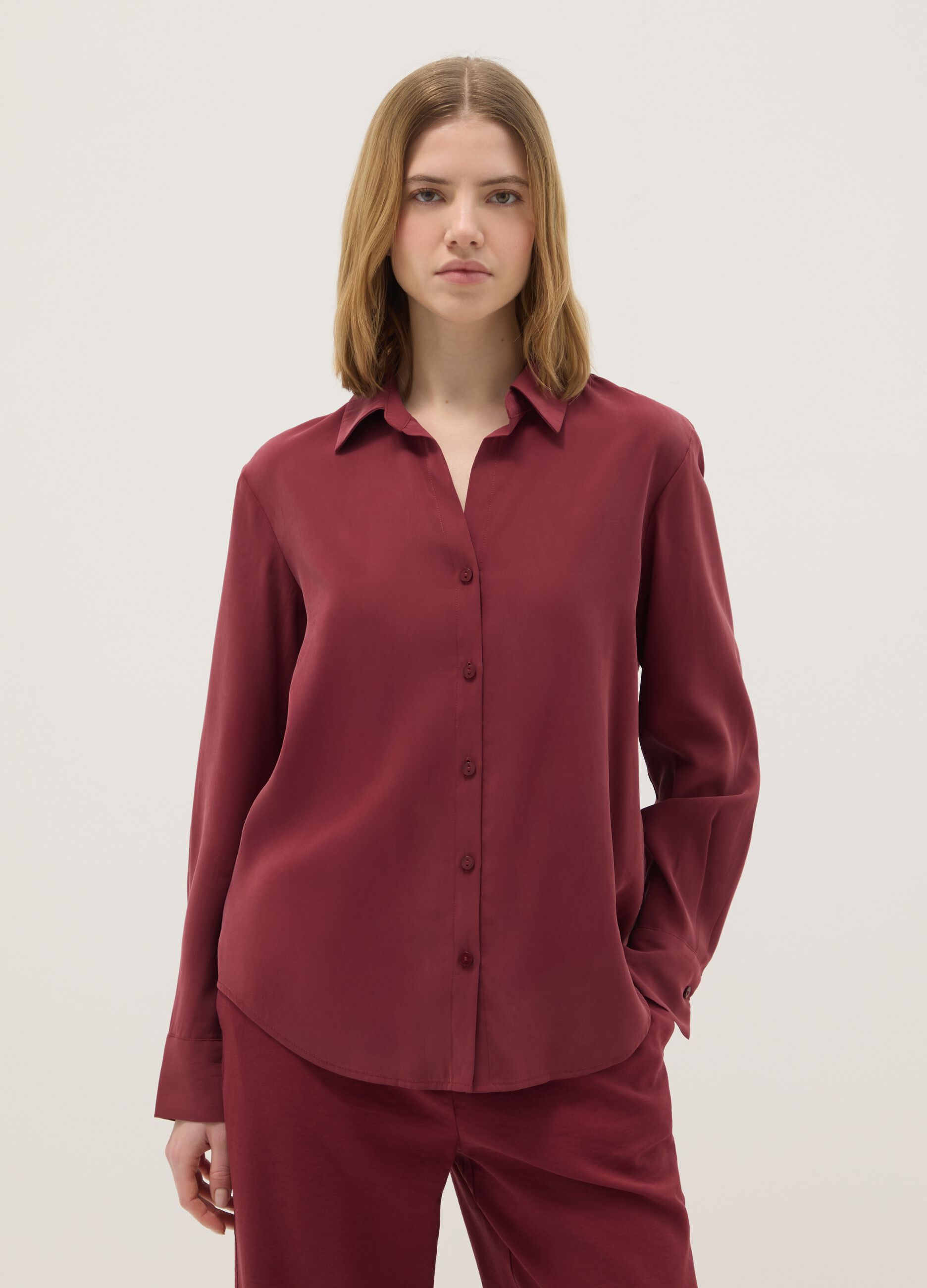 Red long-sleeve viscose blend shirt regular fit