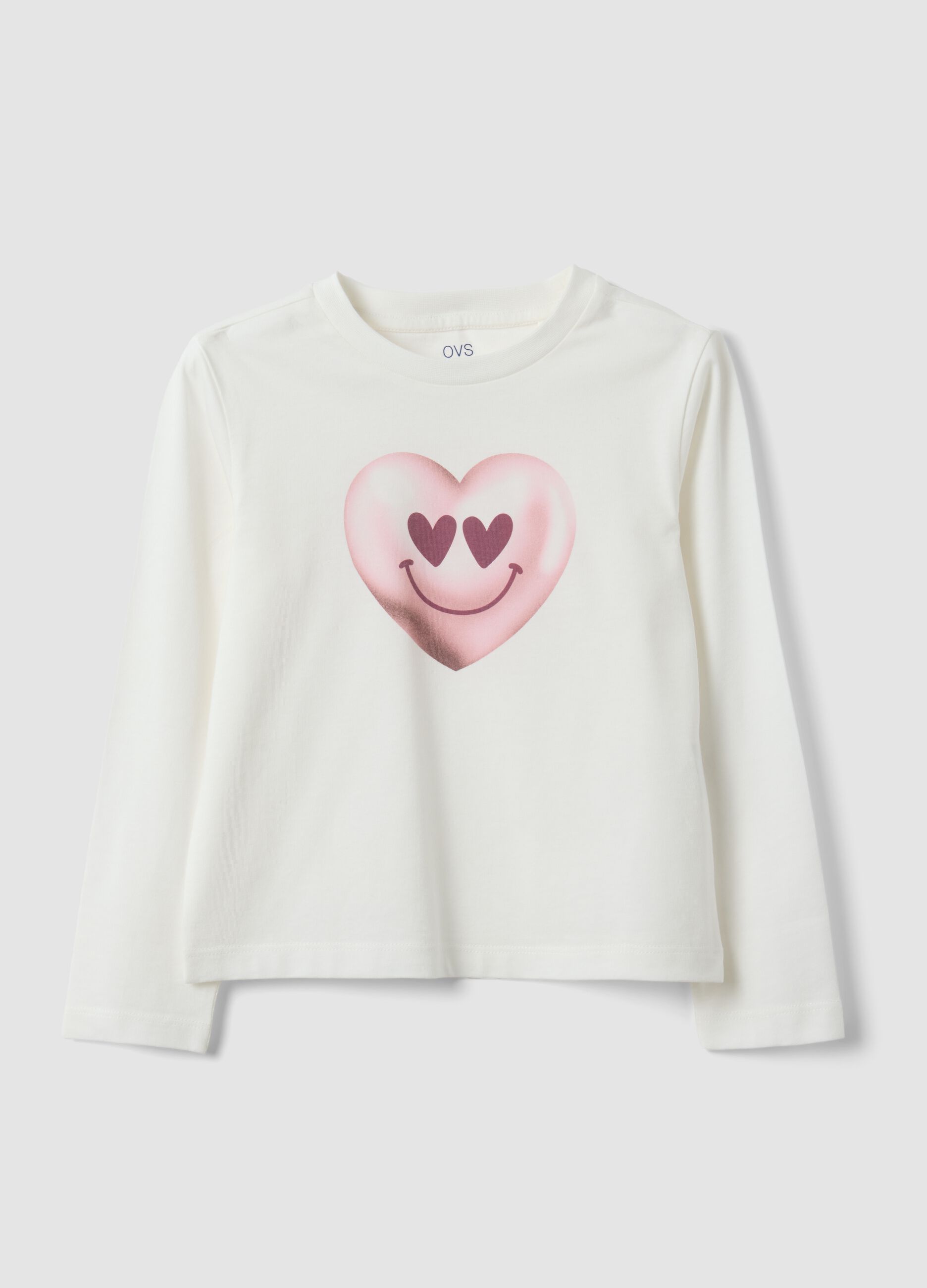 White organic cotton T-shirt with heart print for girls, regular fit