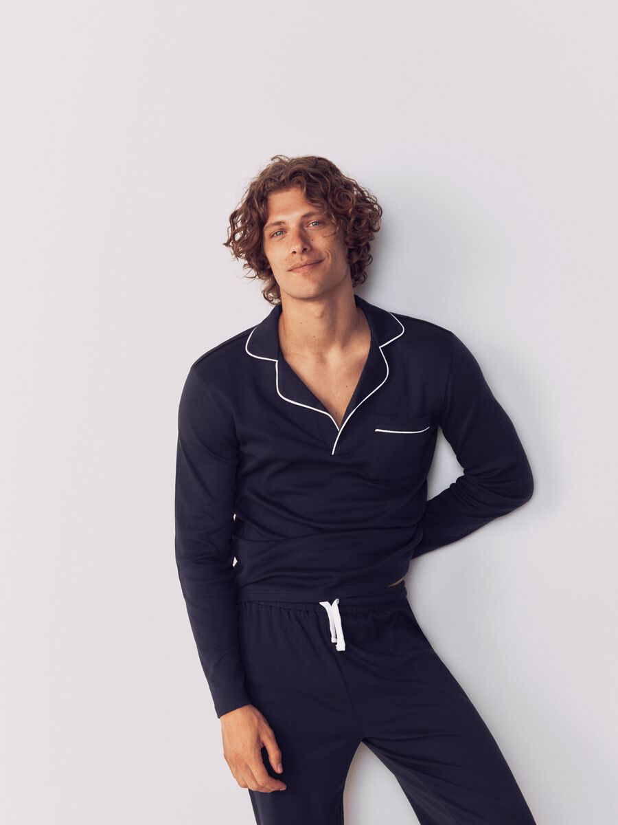 Blue cotton pyjamas regular fit with polo collar_0