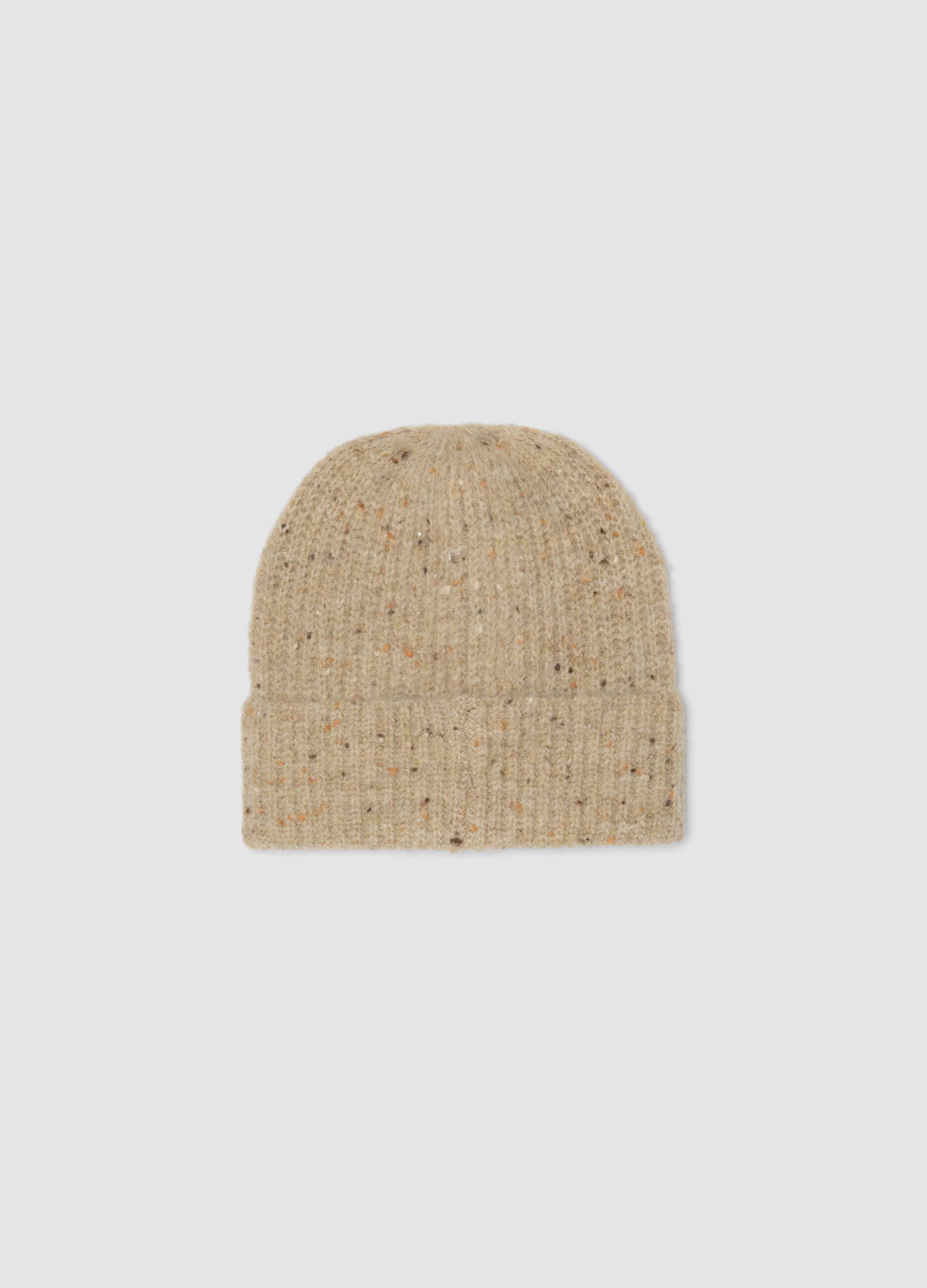 Beige melange ribbed stretch wool beanie