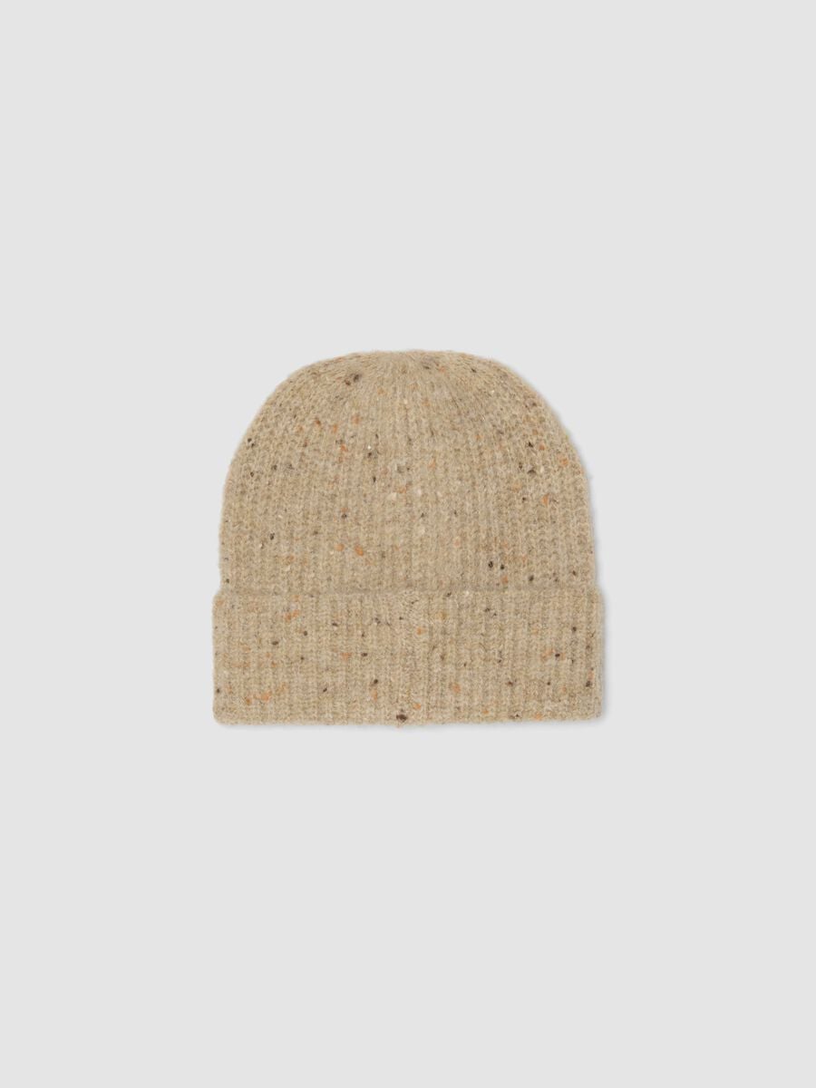 Cappello beige melange in lana elasticizzata a coste_1