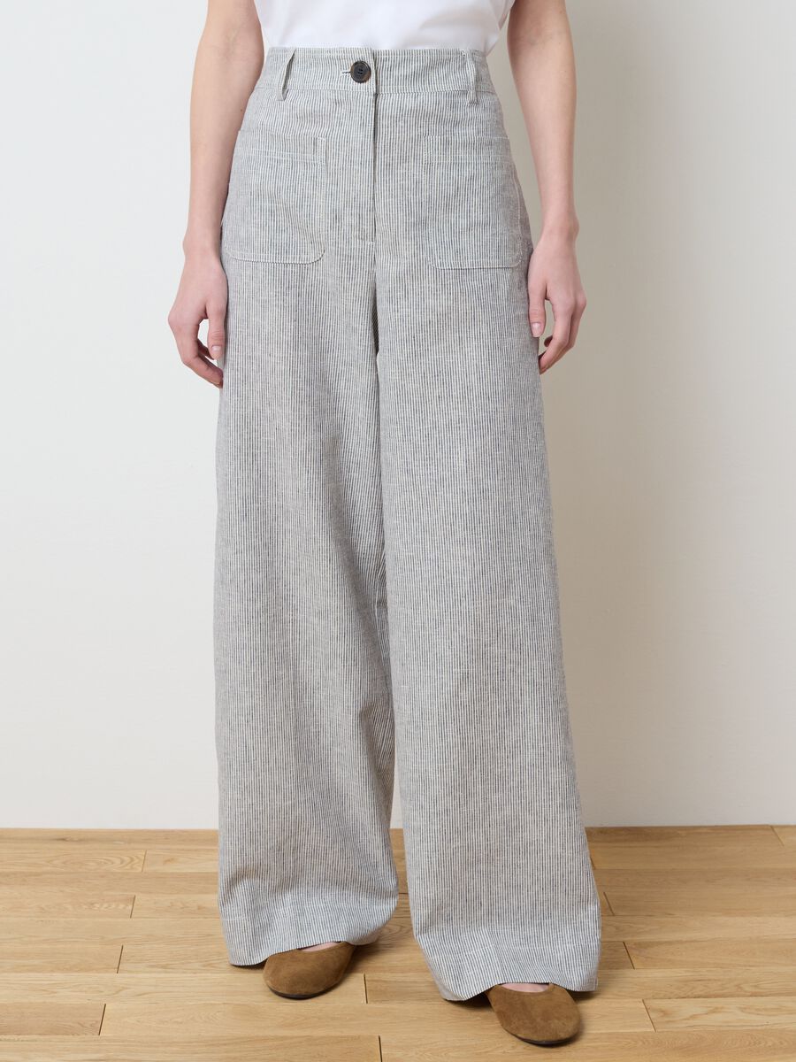 Women's multicoloured wide-leg trousers in cotton and linen_1