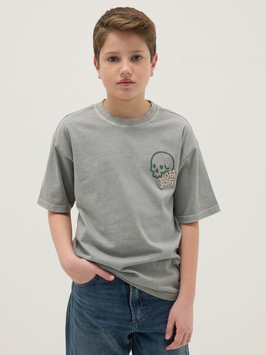 Boys' Green Pure Cotton Oversized Fit T-shirt with Skull_0