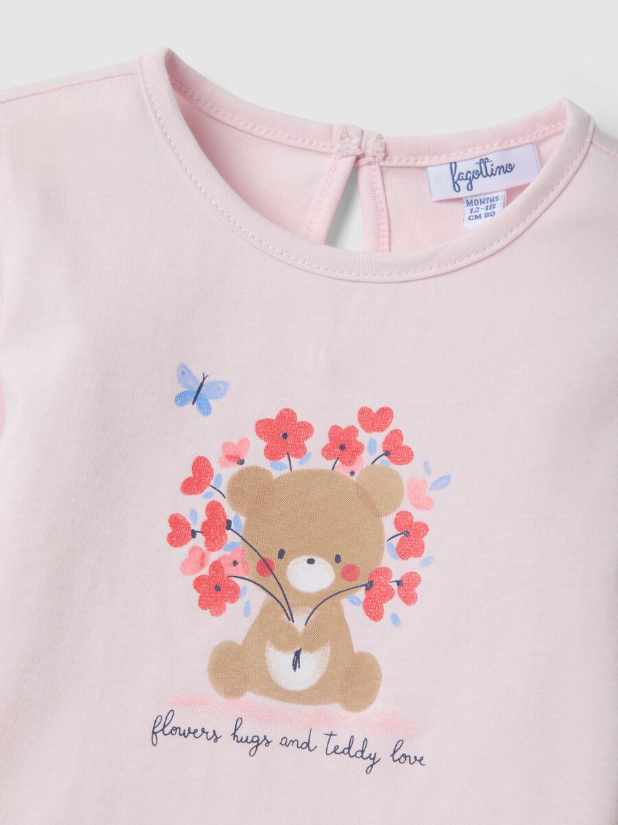 Pink pure cotton regular fit girl's T-shirt with teddy bear_3