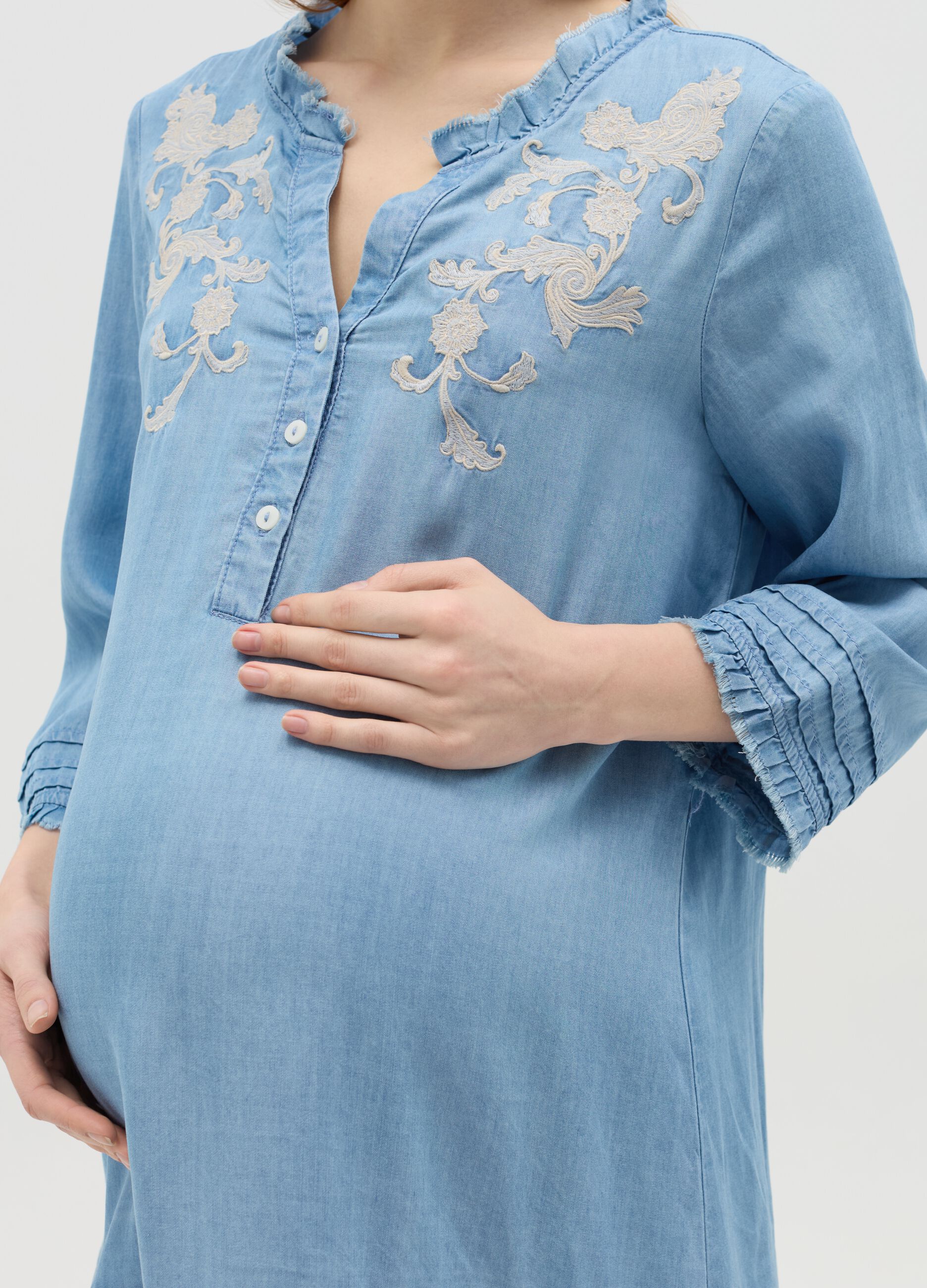 Vestito corto premaman in Tencel con ricamo