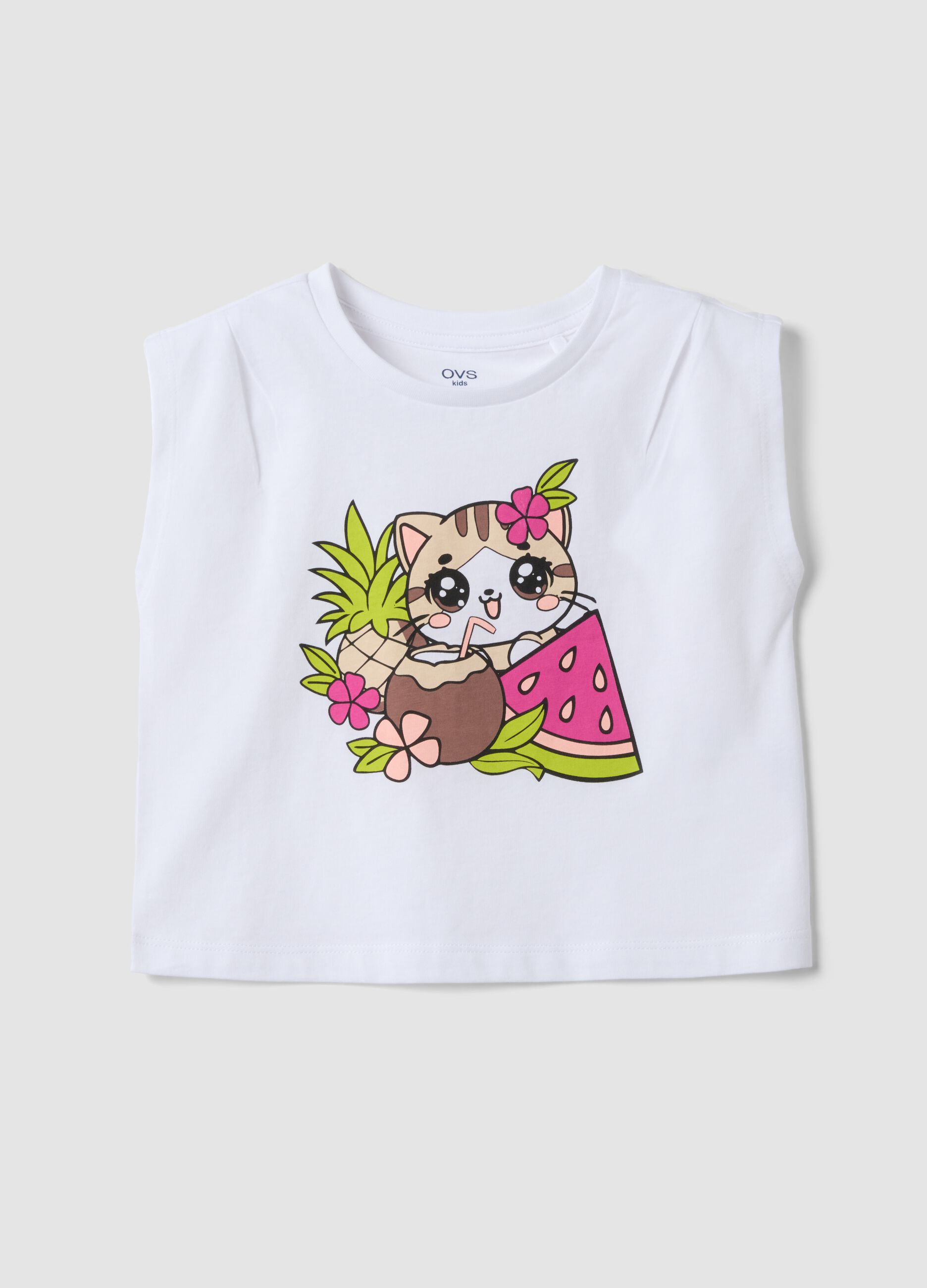 White pure cotton vest top with print