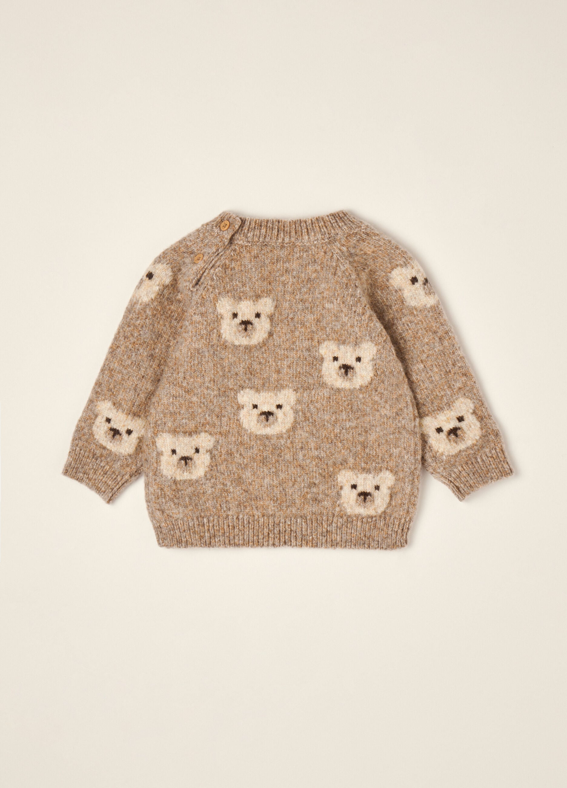 Beige wool-blend crew-neck jumper with teddy bear motif