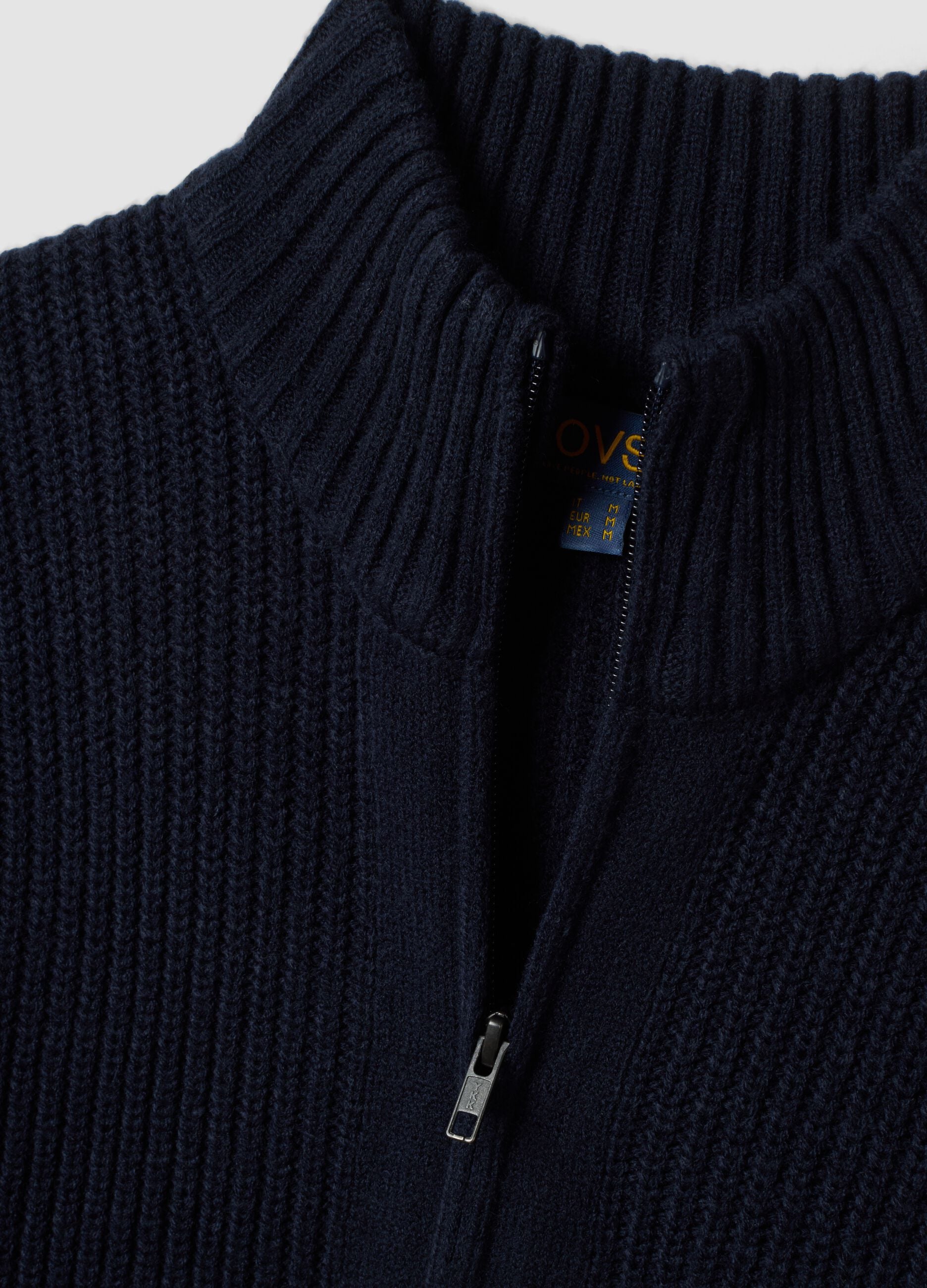 Navy rib-knit zip cardigan with collar, regular fit