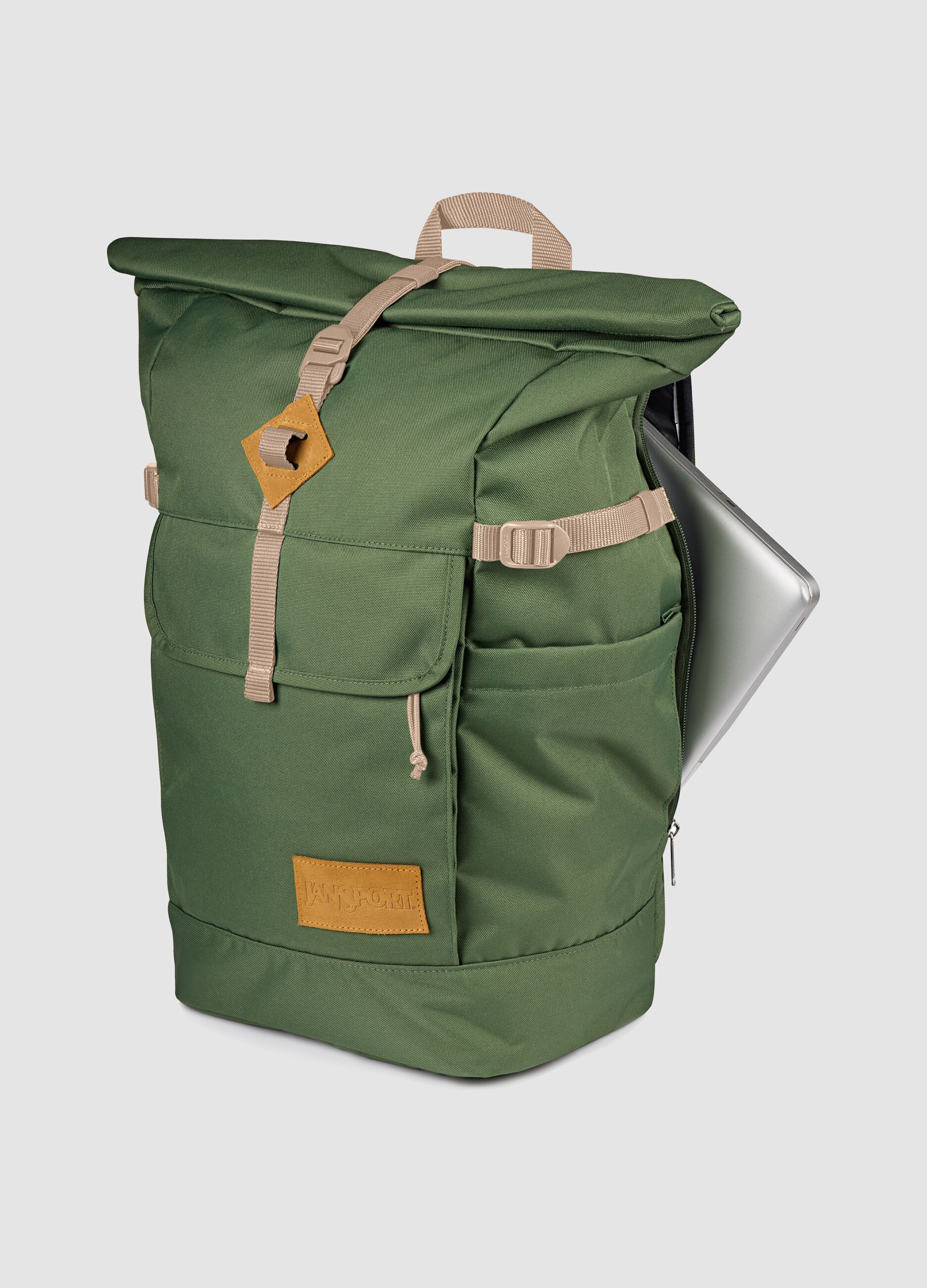 Green roll-top backpack with pockets