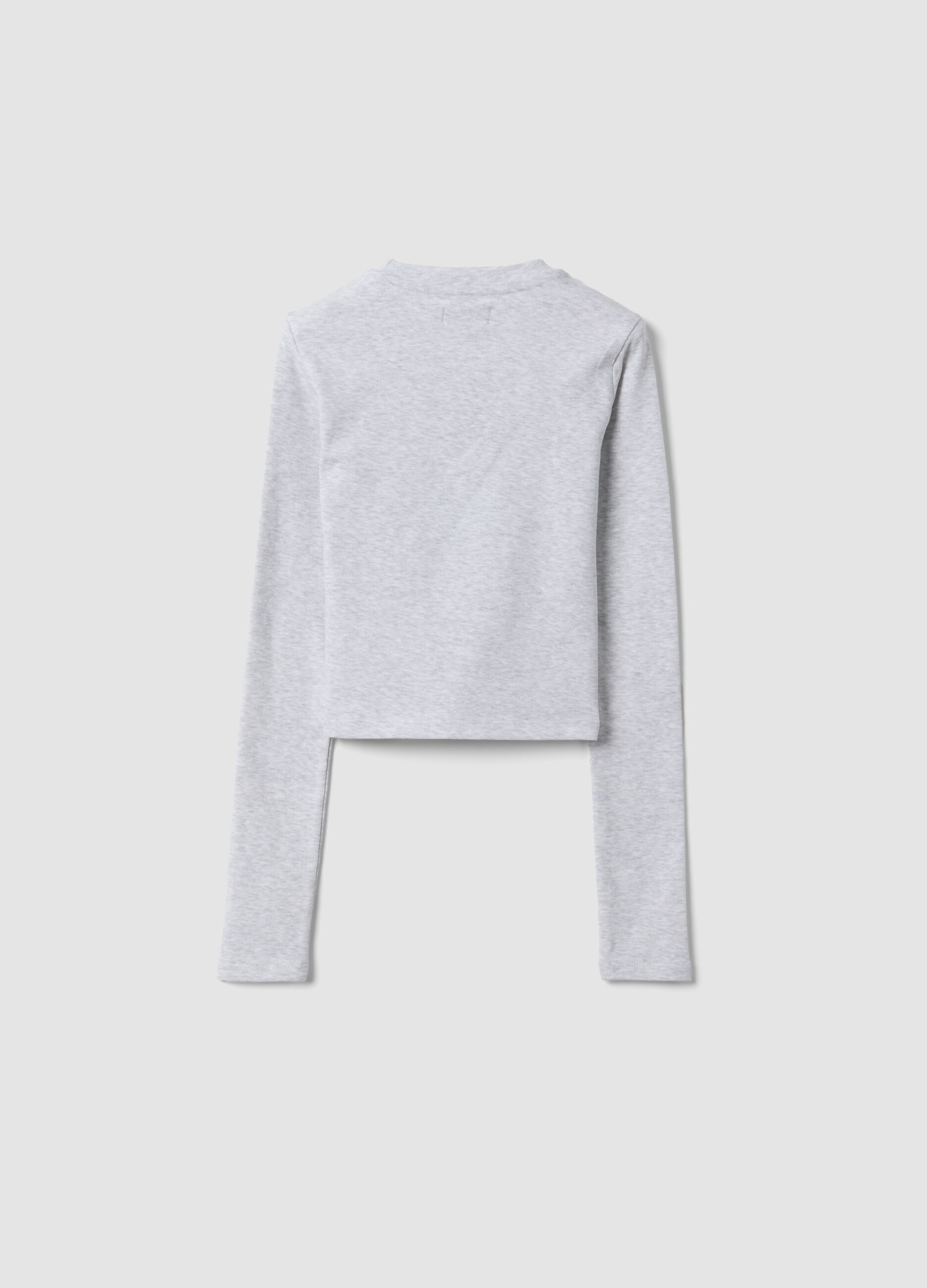 Grey stretch organic cotton T-shirt with ribbed neckline and cat print
