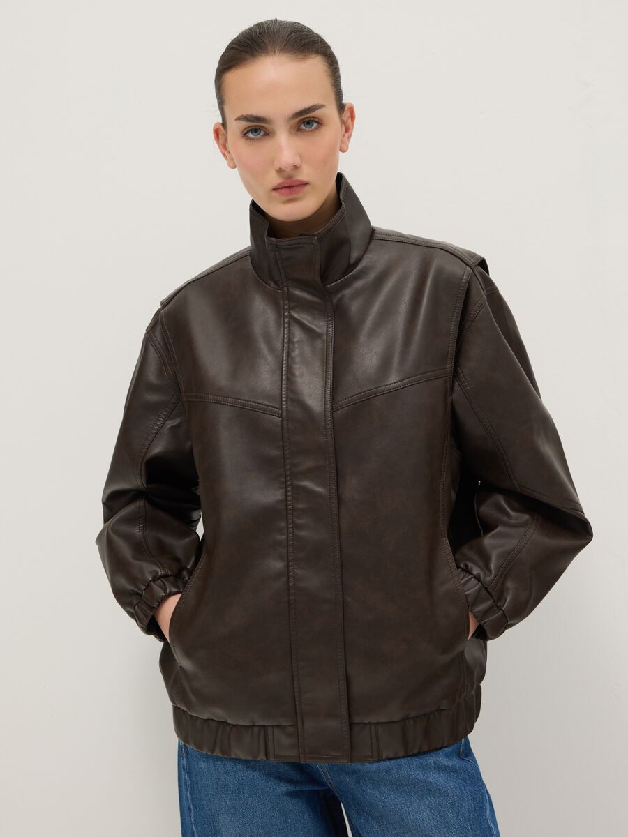 Brown biker jacket over fit with zip and buttons_1