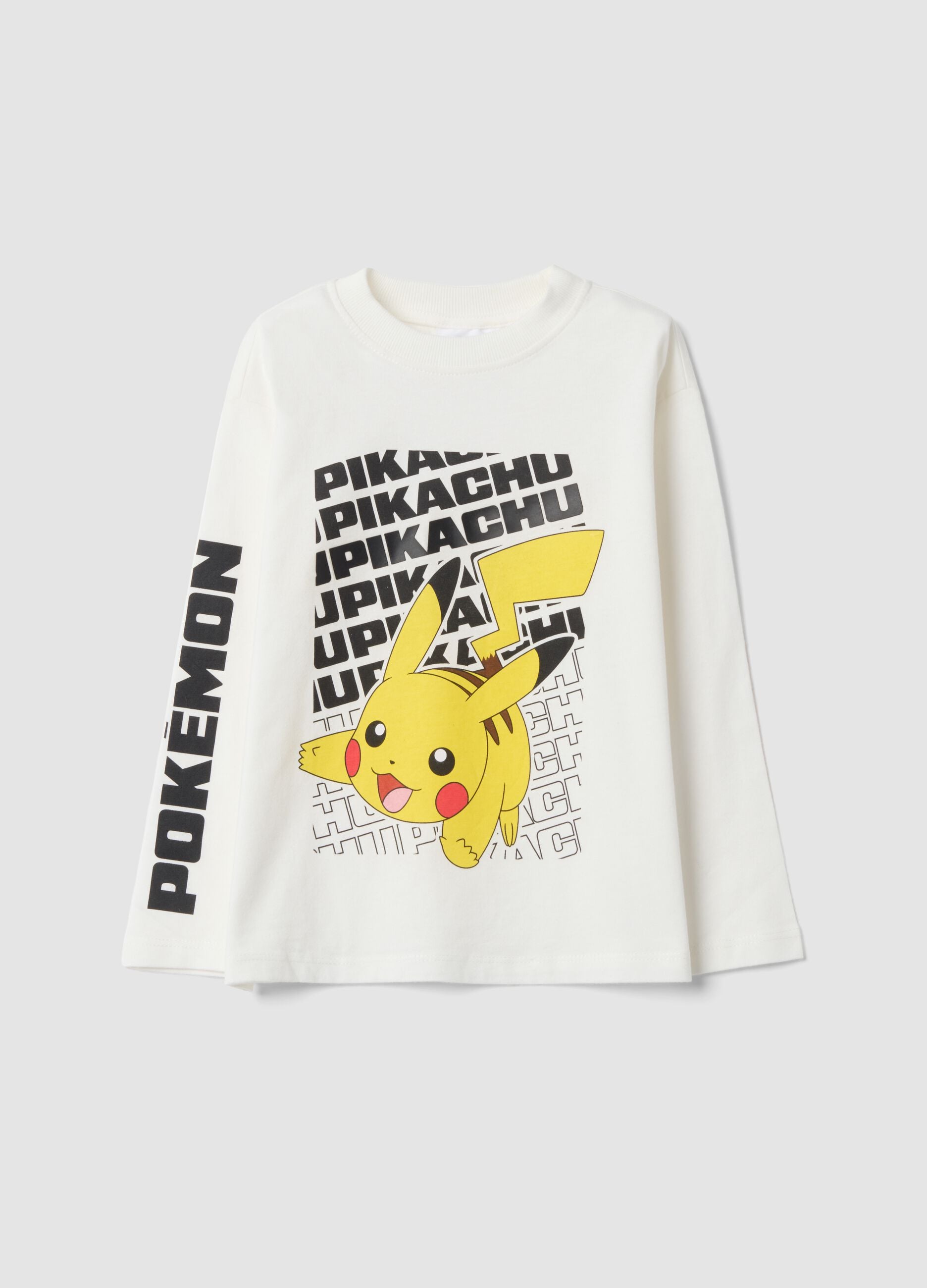 Cream White Pure Cotton T-shirt with Pikachu Print, Regular Fit