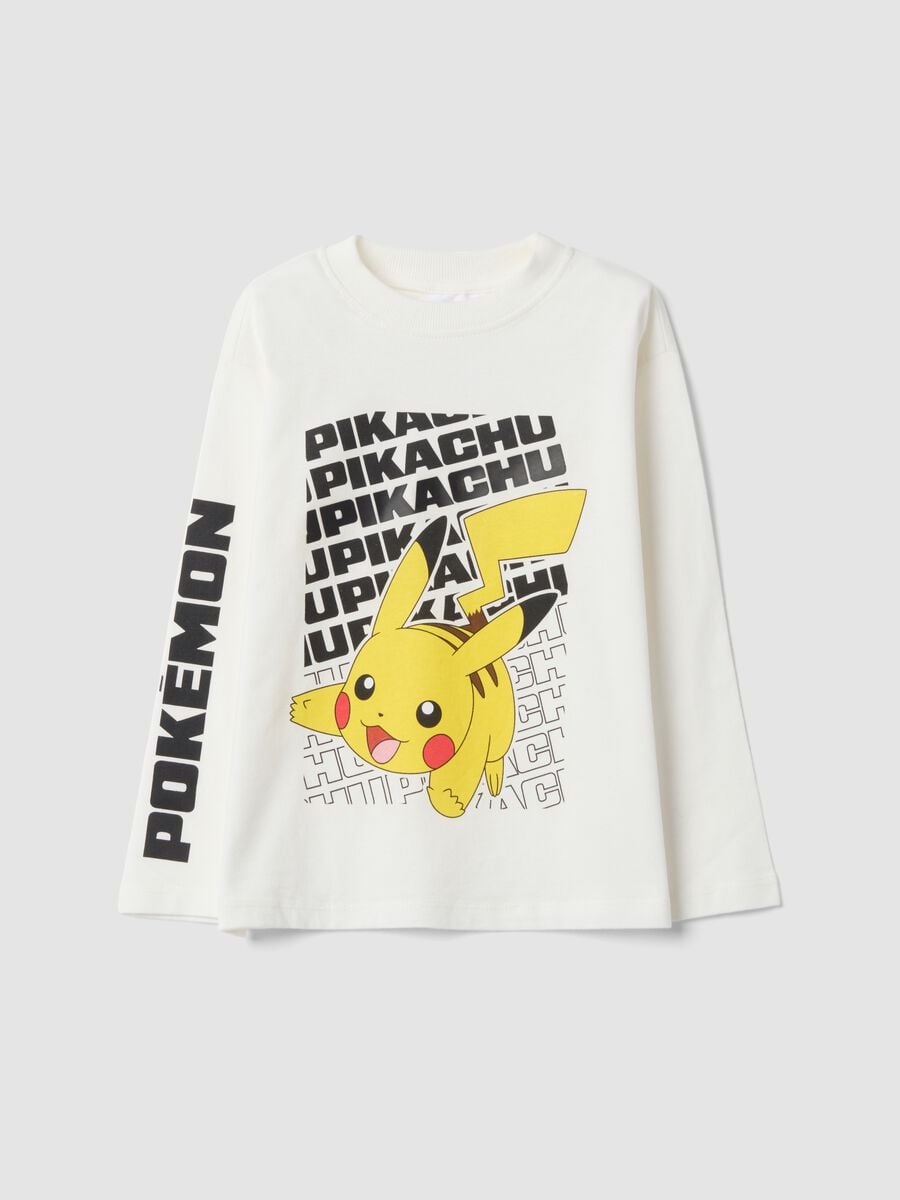 T-shirt bianco panna in puro cotone con Stampa Pikachu regular fit_0