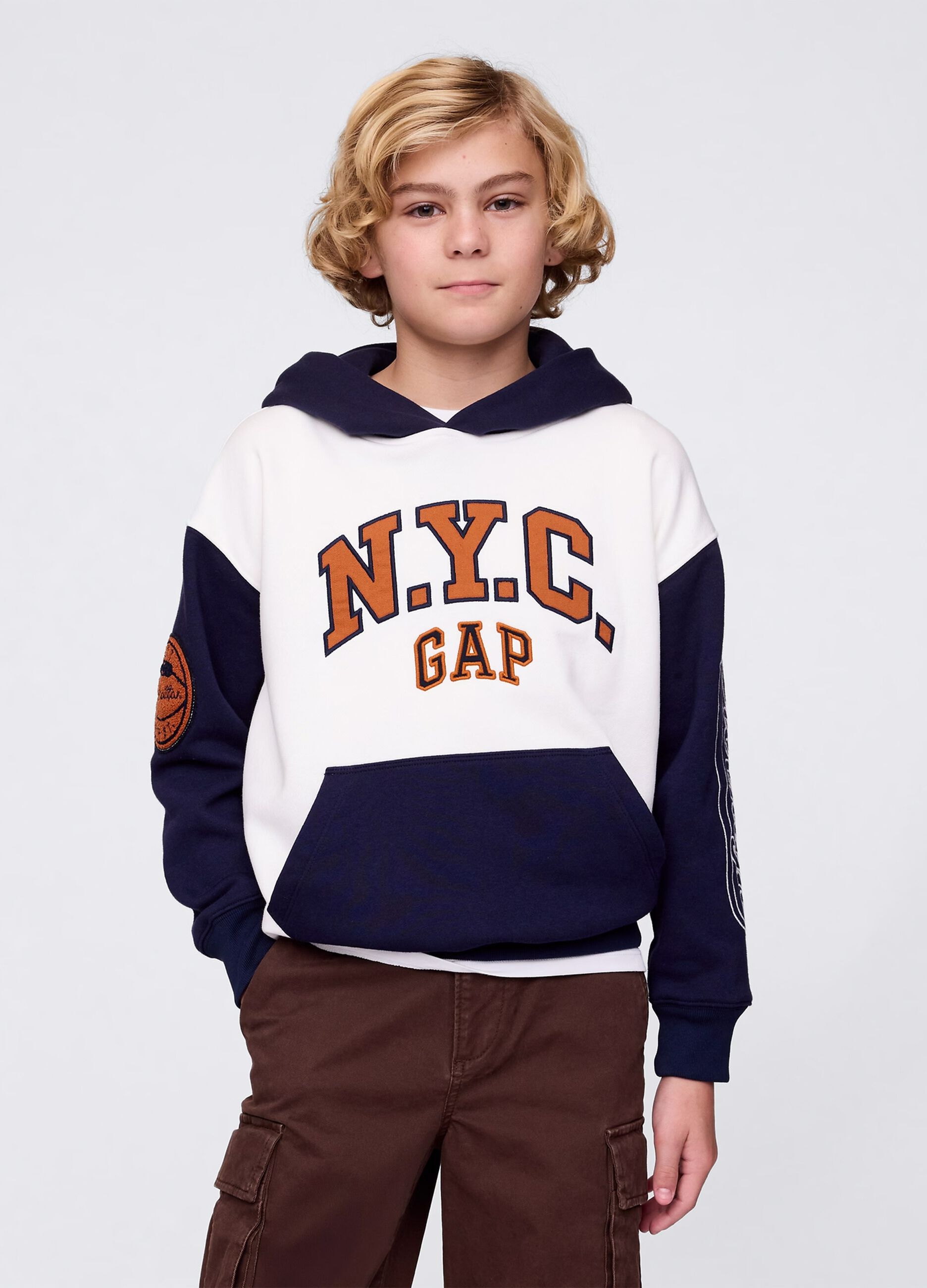 Blue and white sweatshirt with hood and patch