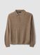 Beige long-sleeved ribbed knit polo shirt_0