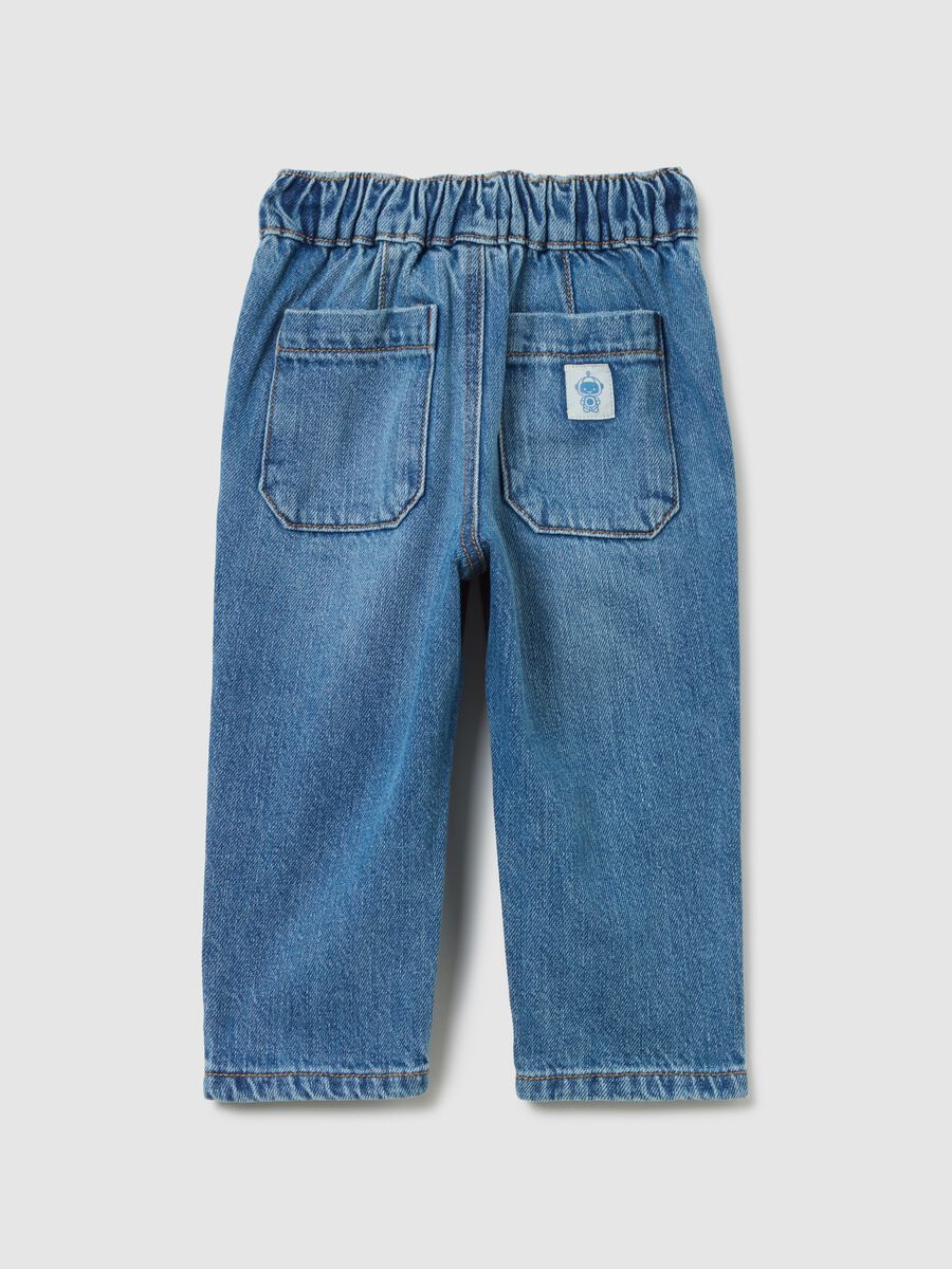Pantaloni blu in denim con elastico e coulisse_1