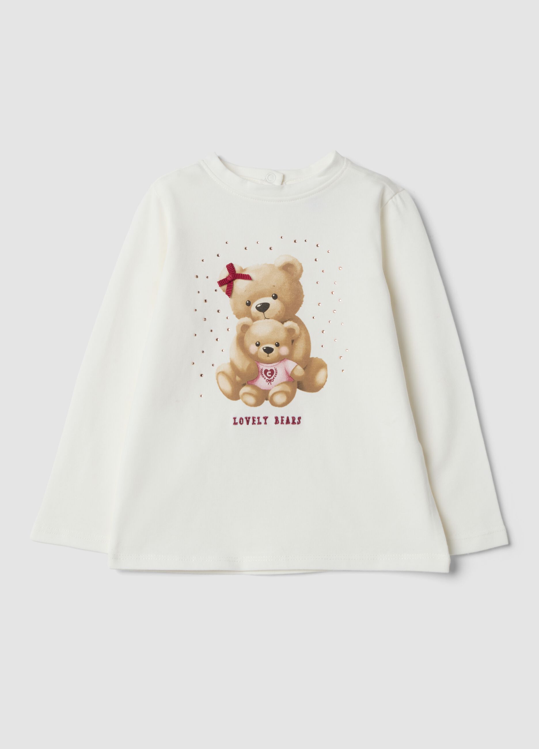 White organic stretch cotton T-shirt with teddy bear print